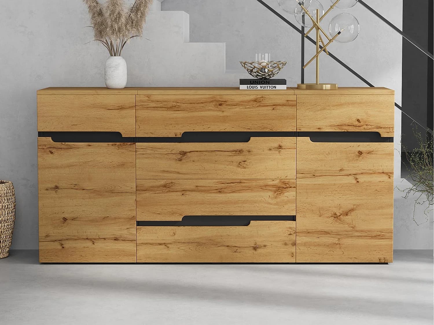 Buffet 160x40x80 cm - avec 2 portes et 4 tiroirs - Finition bois - Panneaux de particules - Naturel + Noir