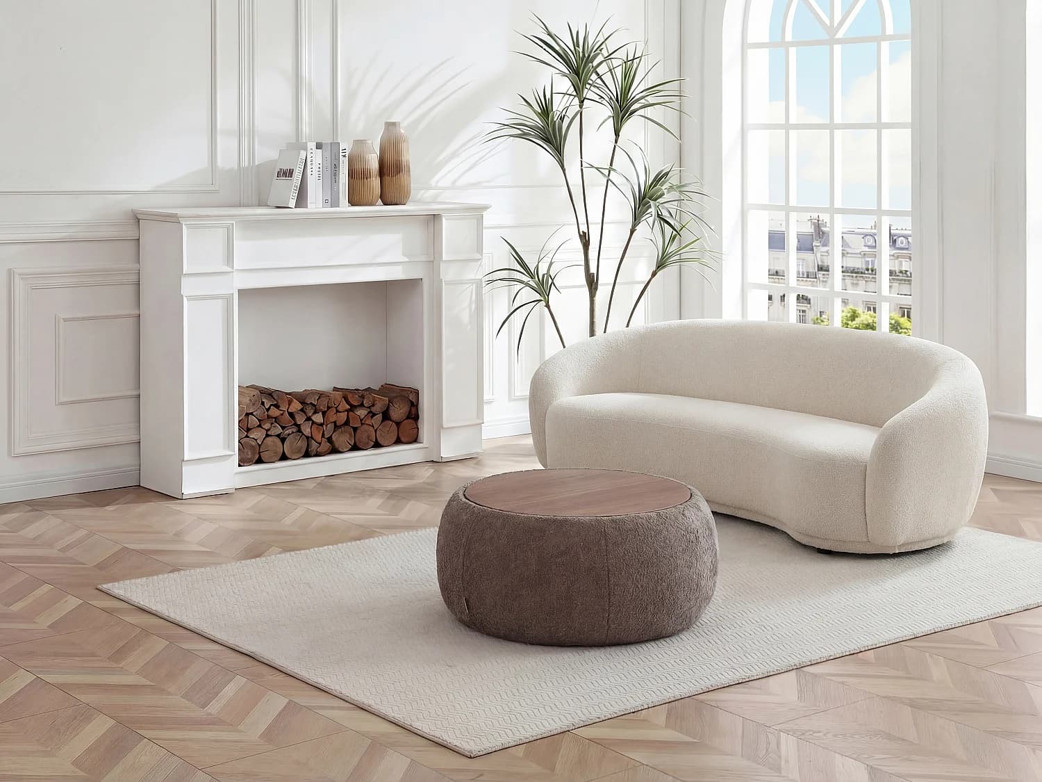 Table basse avec coffre de rangement en tissu bouclette et MDF - Taupe - SORIELI
