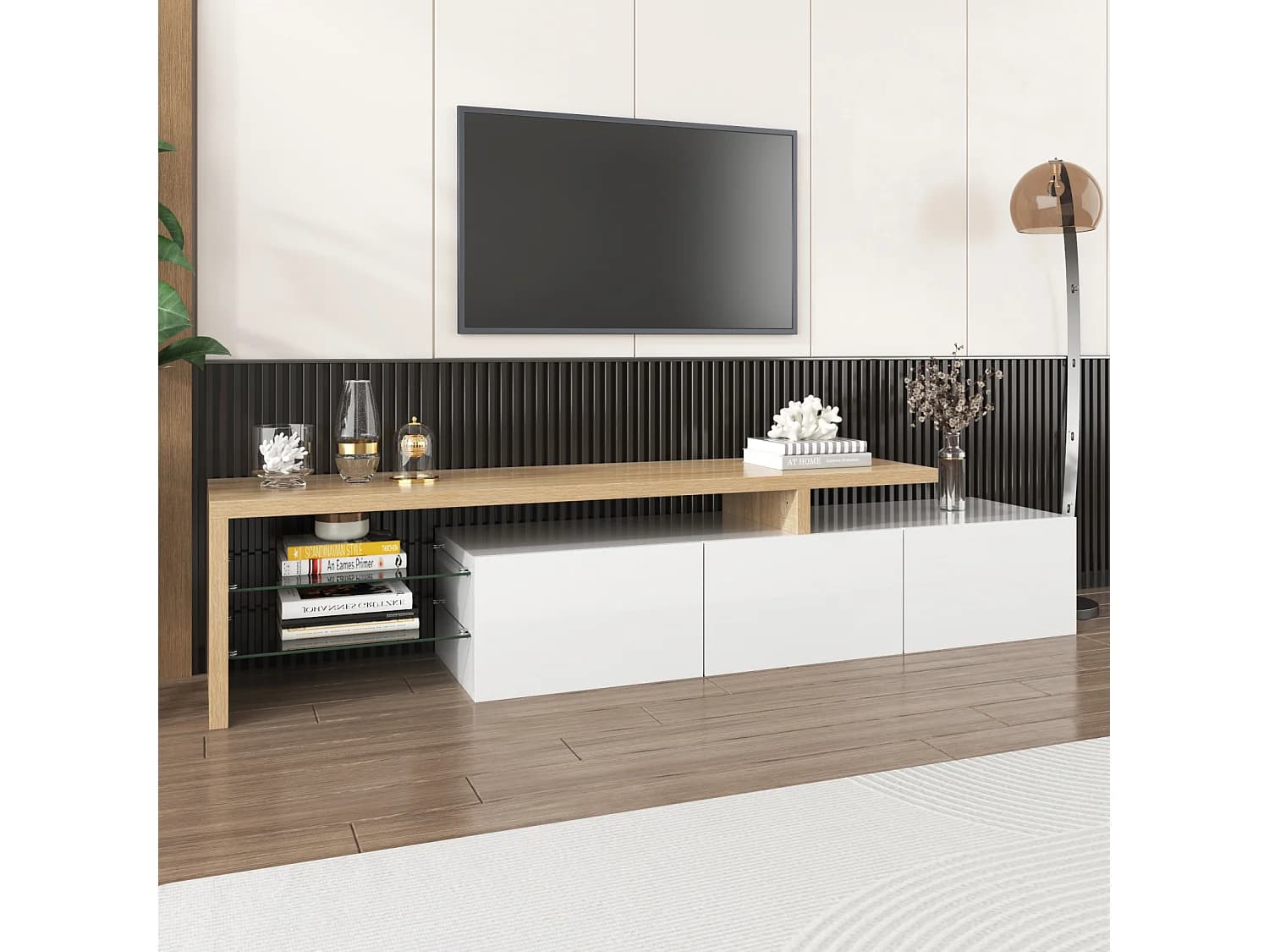 Meuble TV moderne blanc laqué et bois – LED, étagères en verre, avec rangement, 197 x 39 x 42 cm