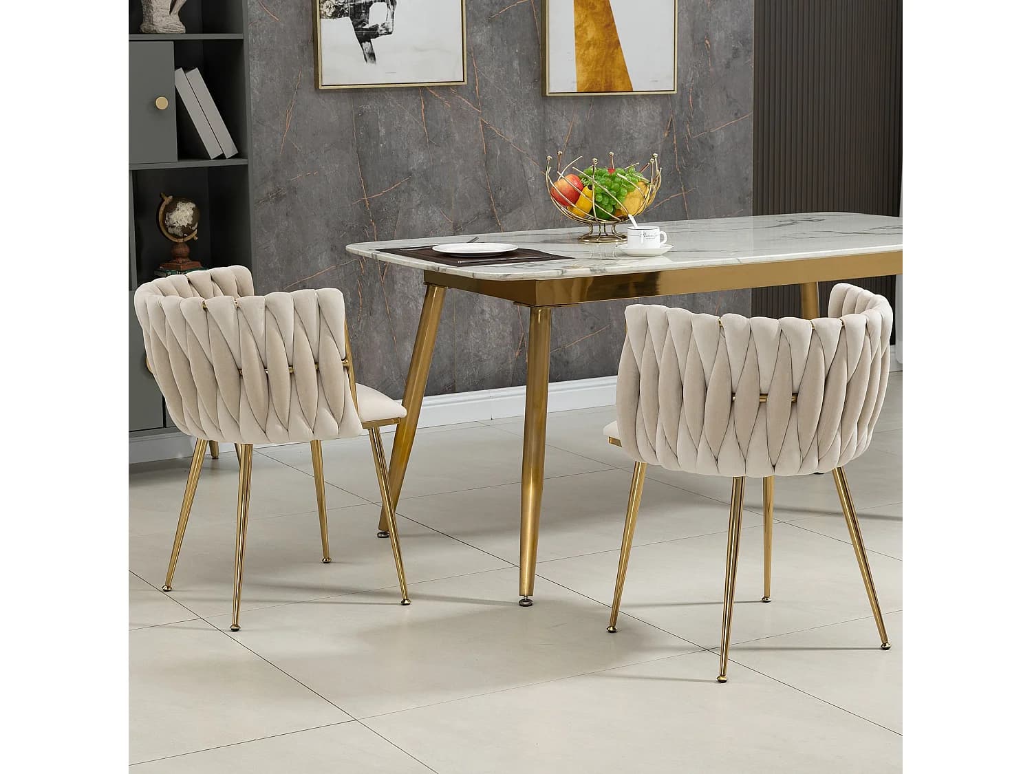 Chaise de salle à manger en velours, dossier tressé en demi-arc, piètement métal doré – ivoire