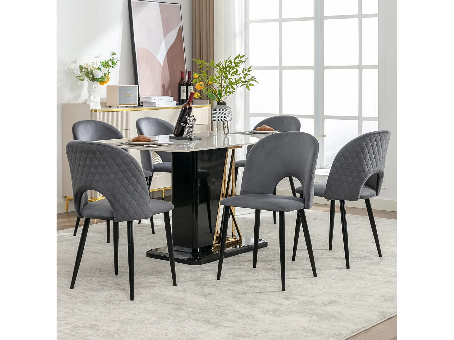 Lot de 6 chaises en velours, assise rembourrée, structure métal, pieds réglables, motif losange – gris