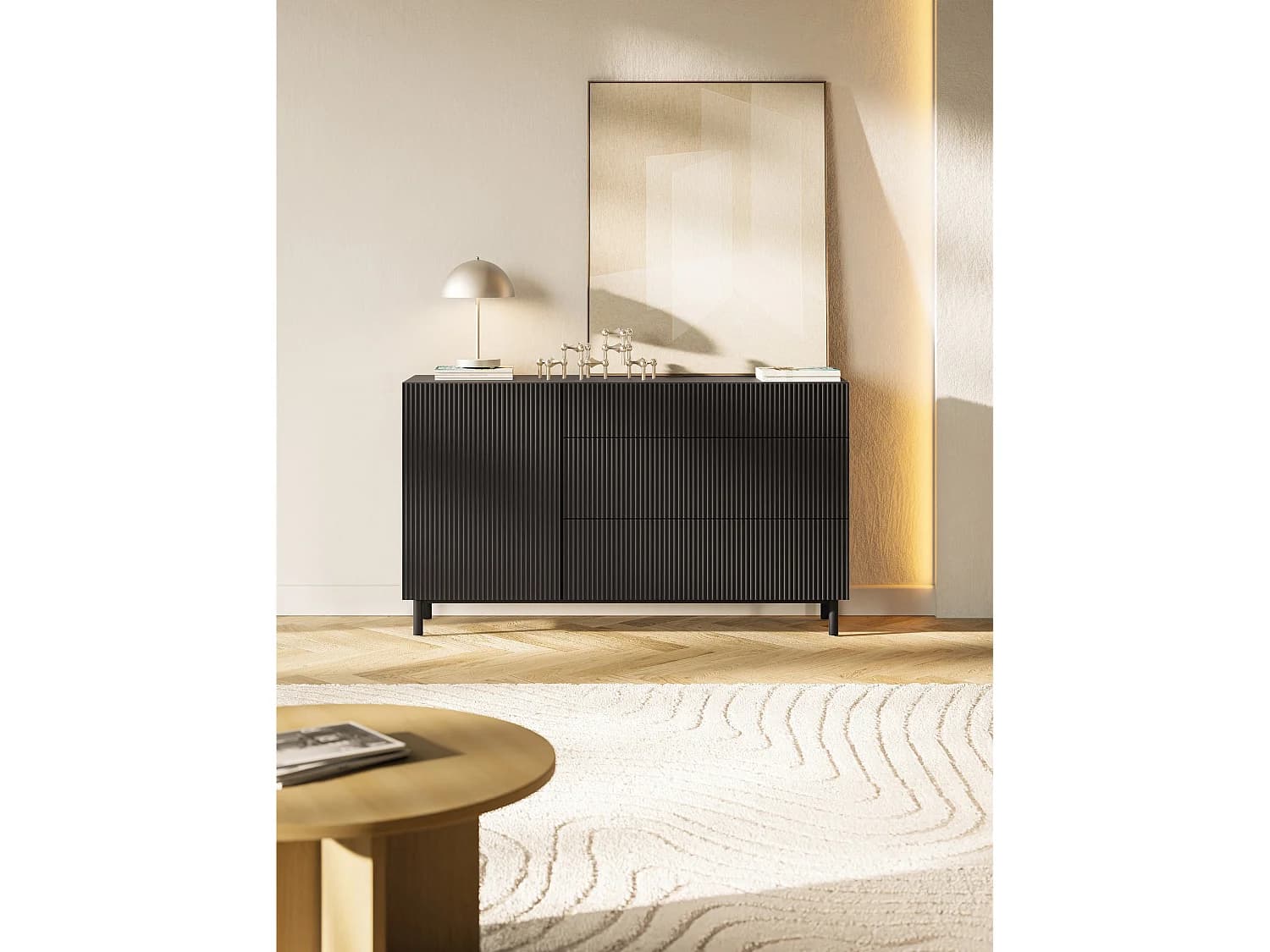 Buffet 1 porte 3 tiroirs avec façade à rainures – 140 cm – noir – Veldio New