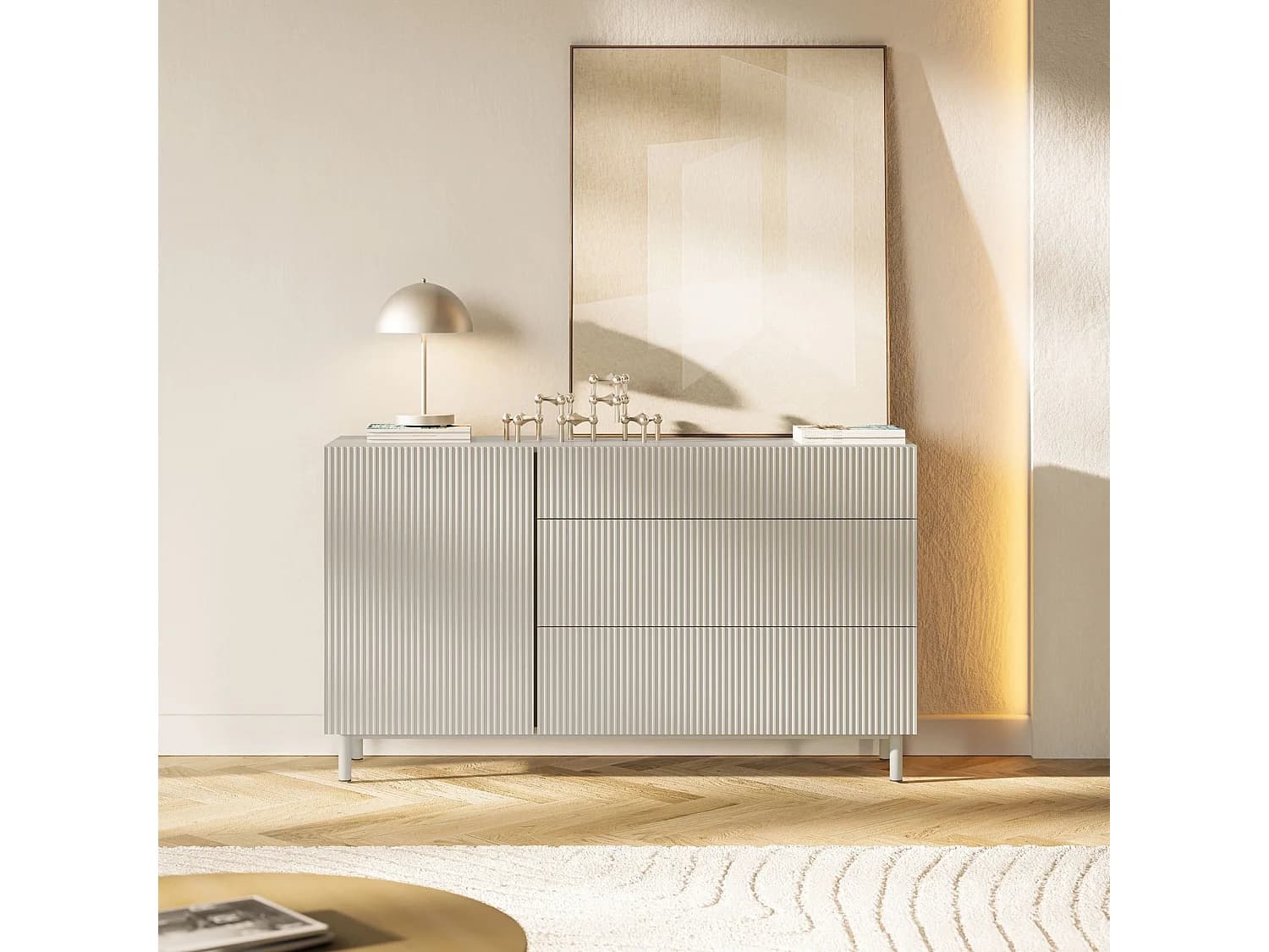 Buffet 1 porte 3 tiroirs avec façade à rainures – 140 cm – greige – Veldio New