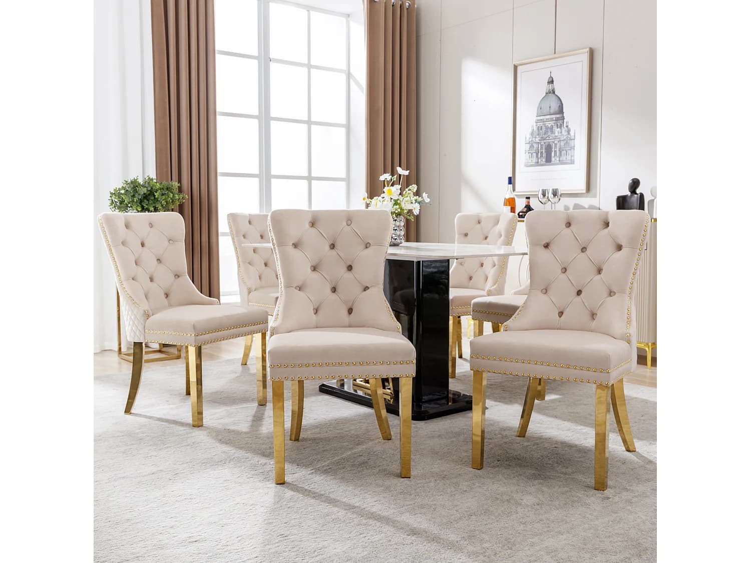Chaise de salle à manger en velours, pieds en métal doré – beige