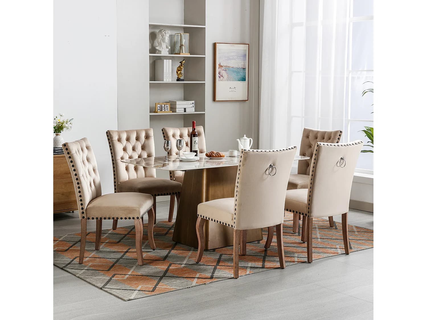 Lot de 6 chaises de salle à manger - chaise de salle à manger en velours chameau - avec dossier rembourré et pieds en bois