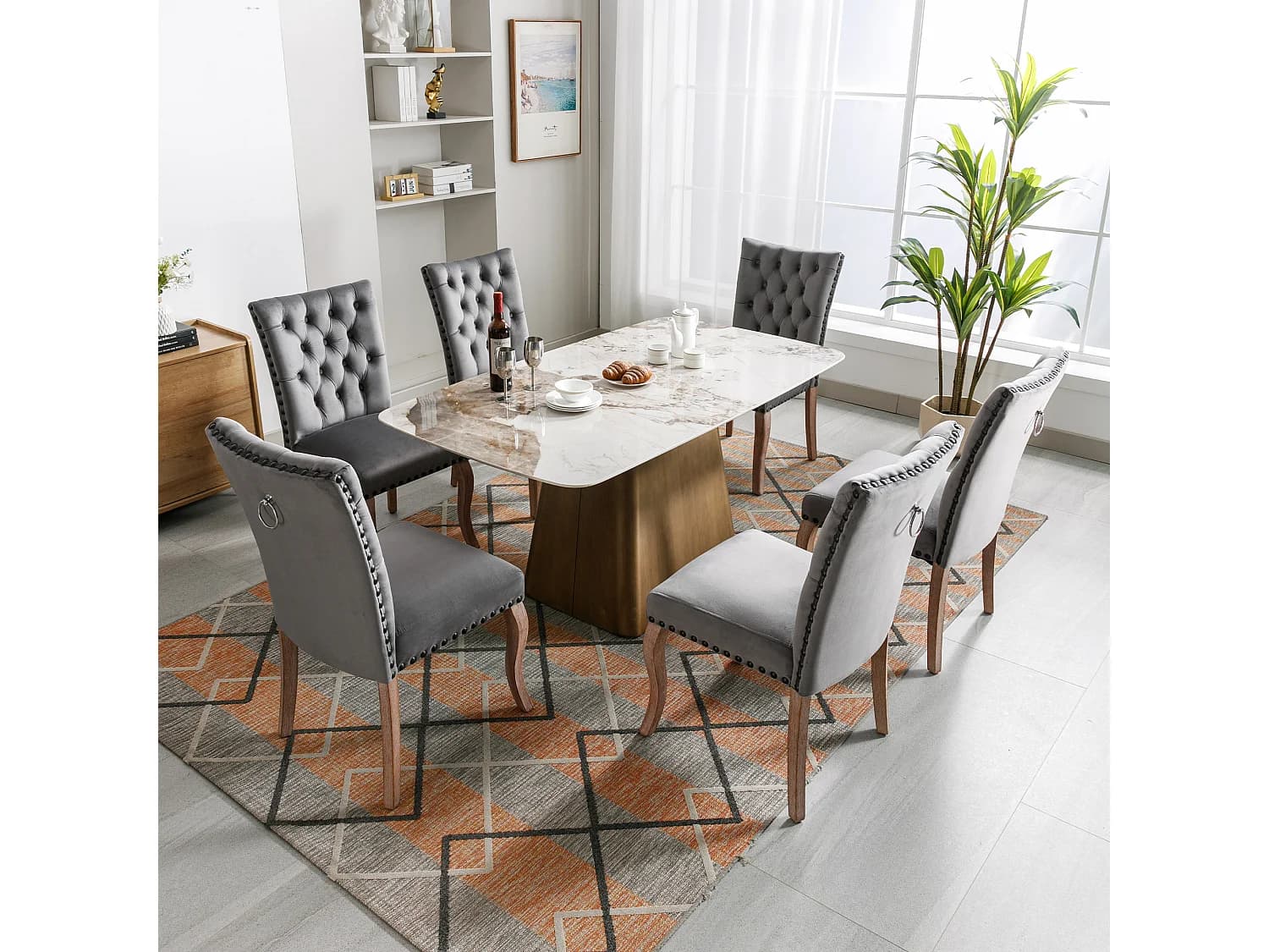 Lot de 6 chaises de salle à manger - chaise de salle à manger en velours gris - avec dossier rembourré et pieds en bois