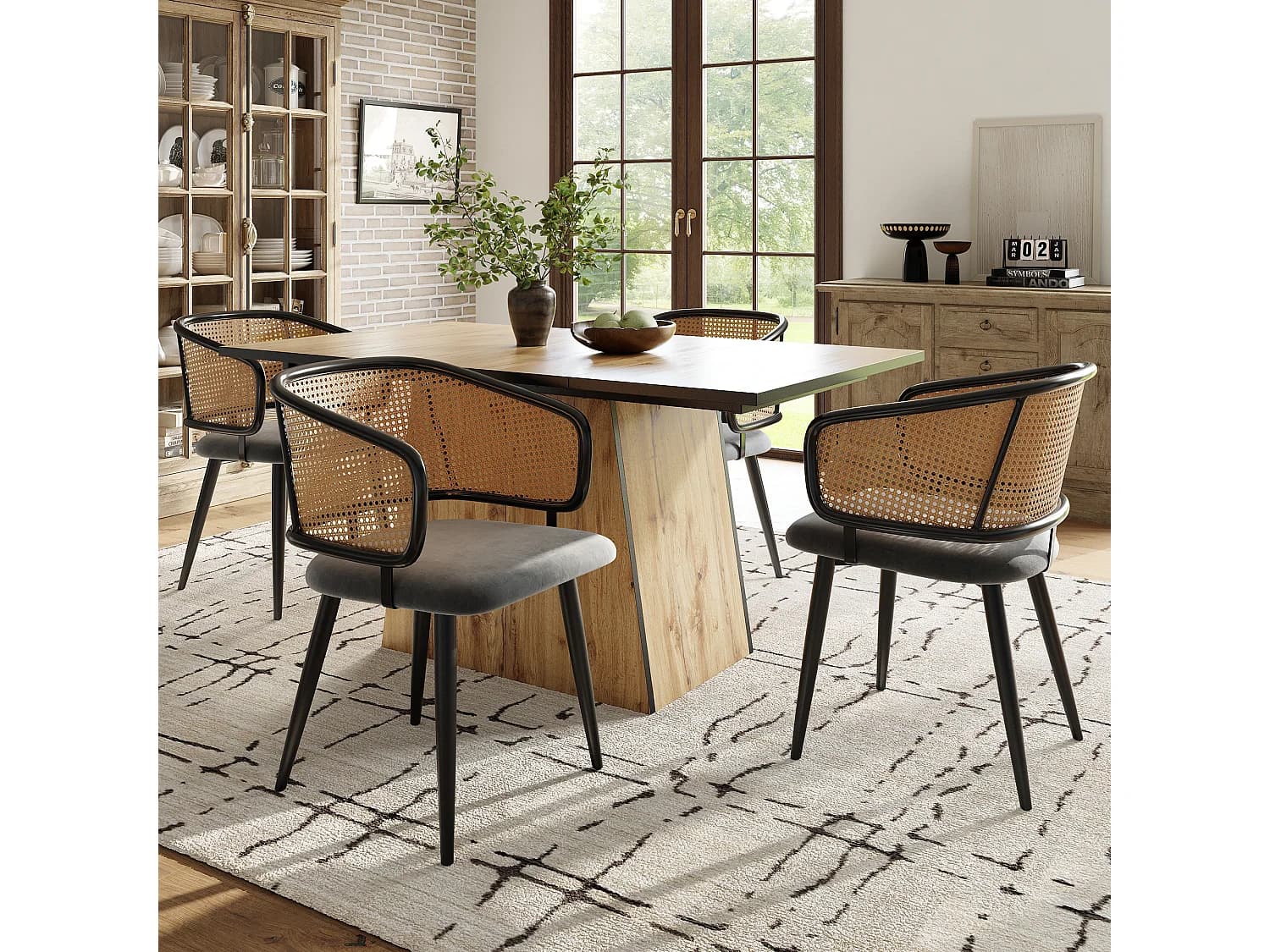 Lot de 4 chaise de salle à manger en velours et métal, dossier en rotin – gris