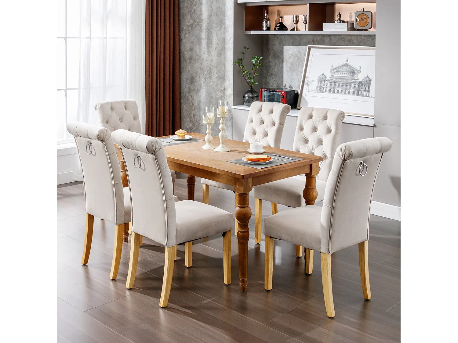 Lot de 6 chaises en velours, pieds en chêne – beige