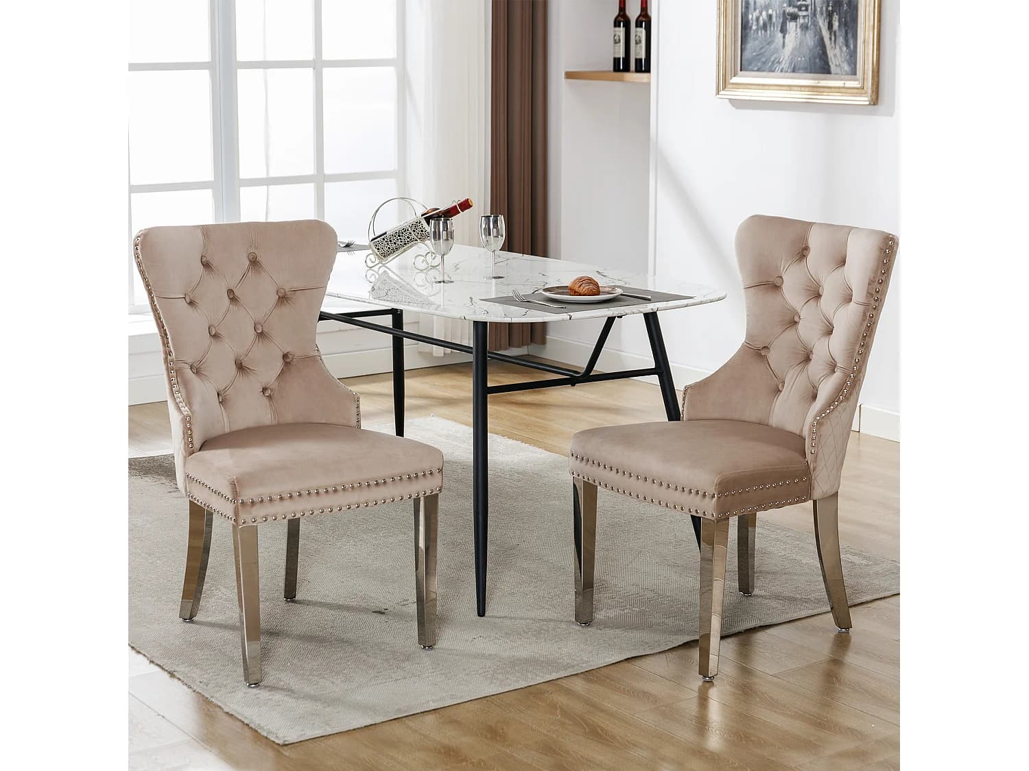 Lot de 2 chaises de salle à manger - anneaux de porte originaux au dossier - velours beige