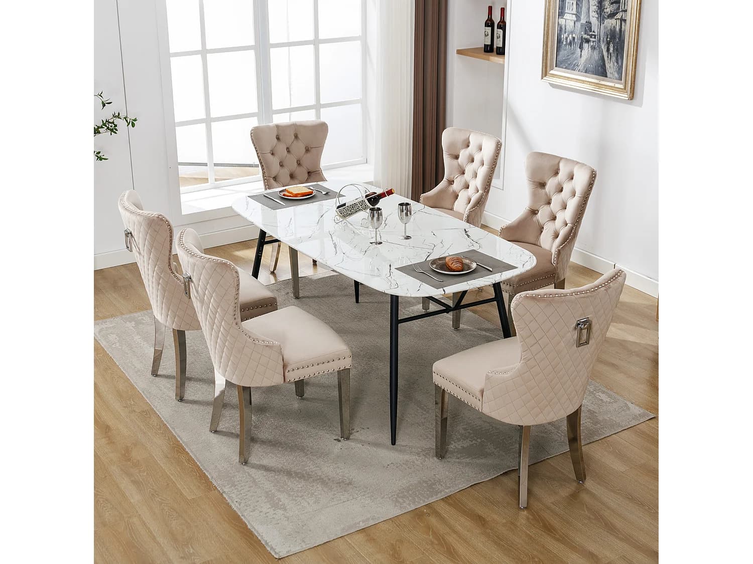 Lot de 6 chaises de salle à manger - anneaux de porte originaux au dossier - velours beige