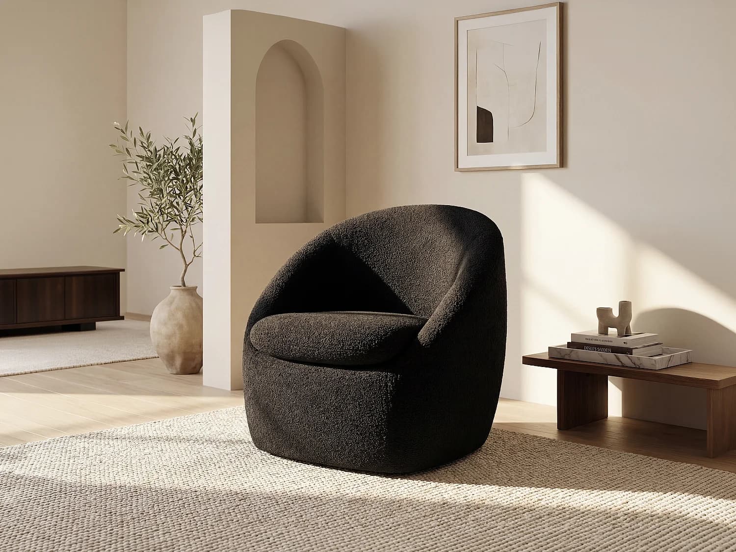Fauteuil pivotant en tissu bouclette noir NETALIO