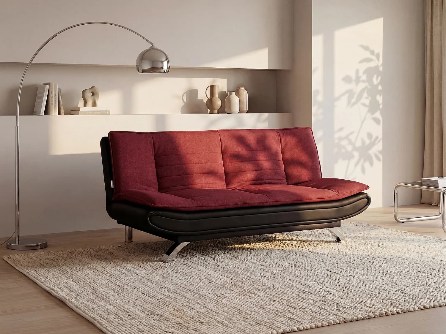 Canapé convertible clic-clac en tissu rouge et noir DEMIDO