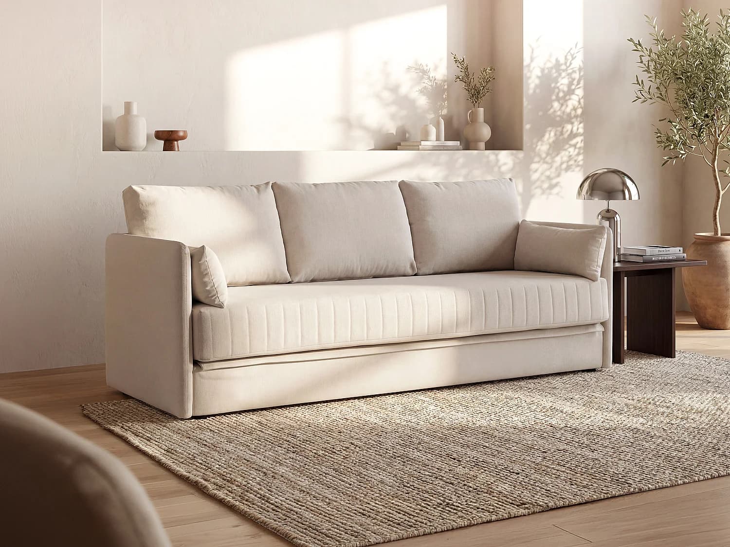 Canapé 3 places convertible en tissu beige GRECCO