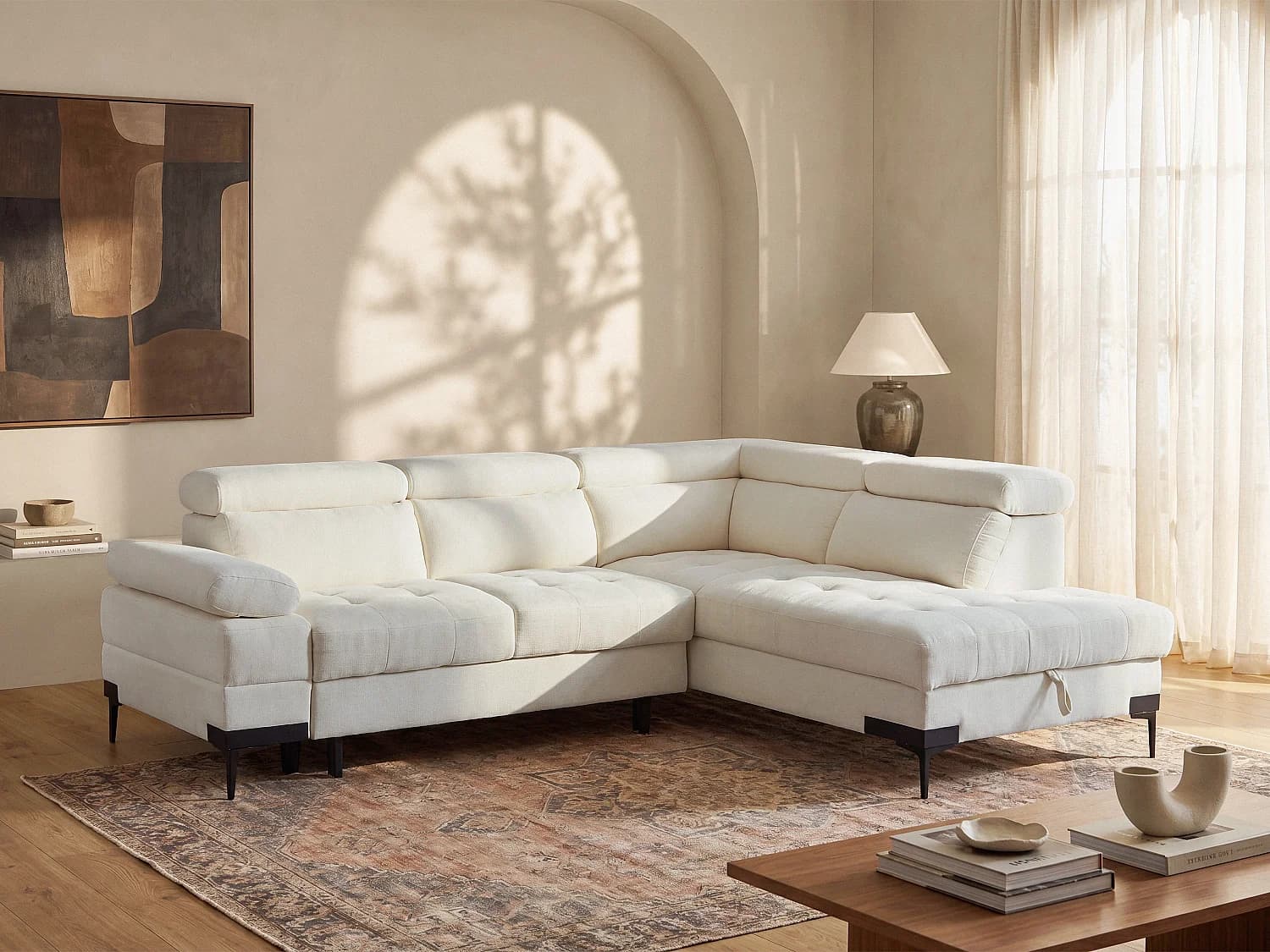 Canapé d'angle gauche convertible en tissu texturé blanc cassé TICOUTA