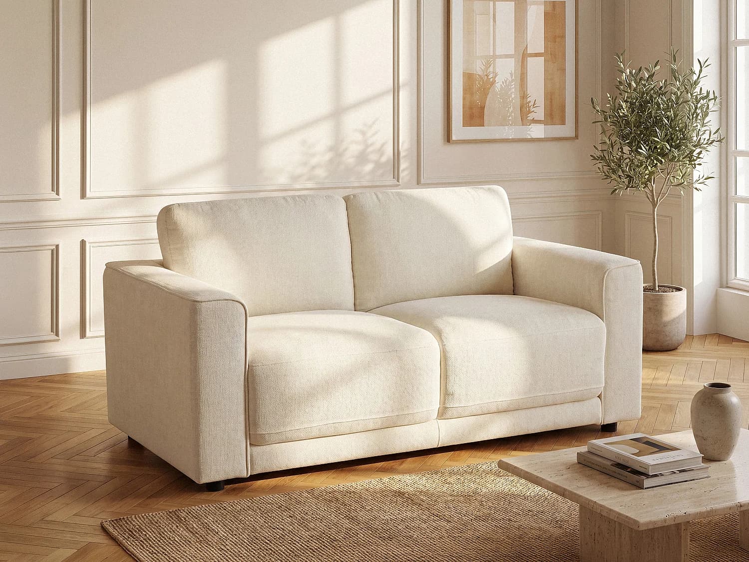 Canapé 2 places en tissu texturé blanc cassé NETUSO