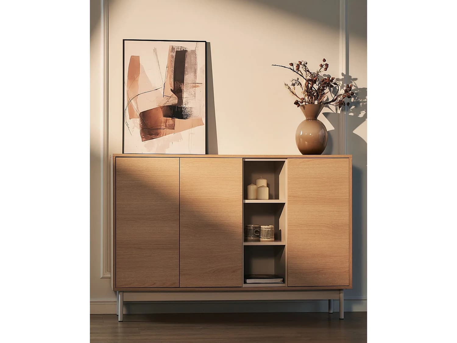 Buffet 3 portes avec trois niches ouvertes – 138 cm – chêne / gris cachemire – LAYEN