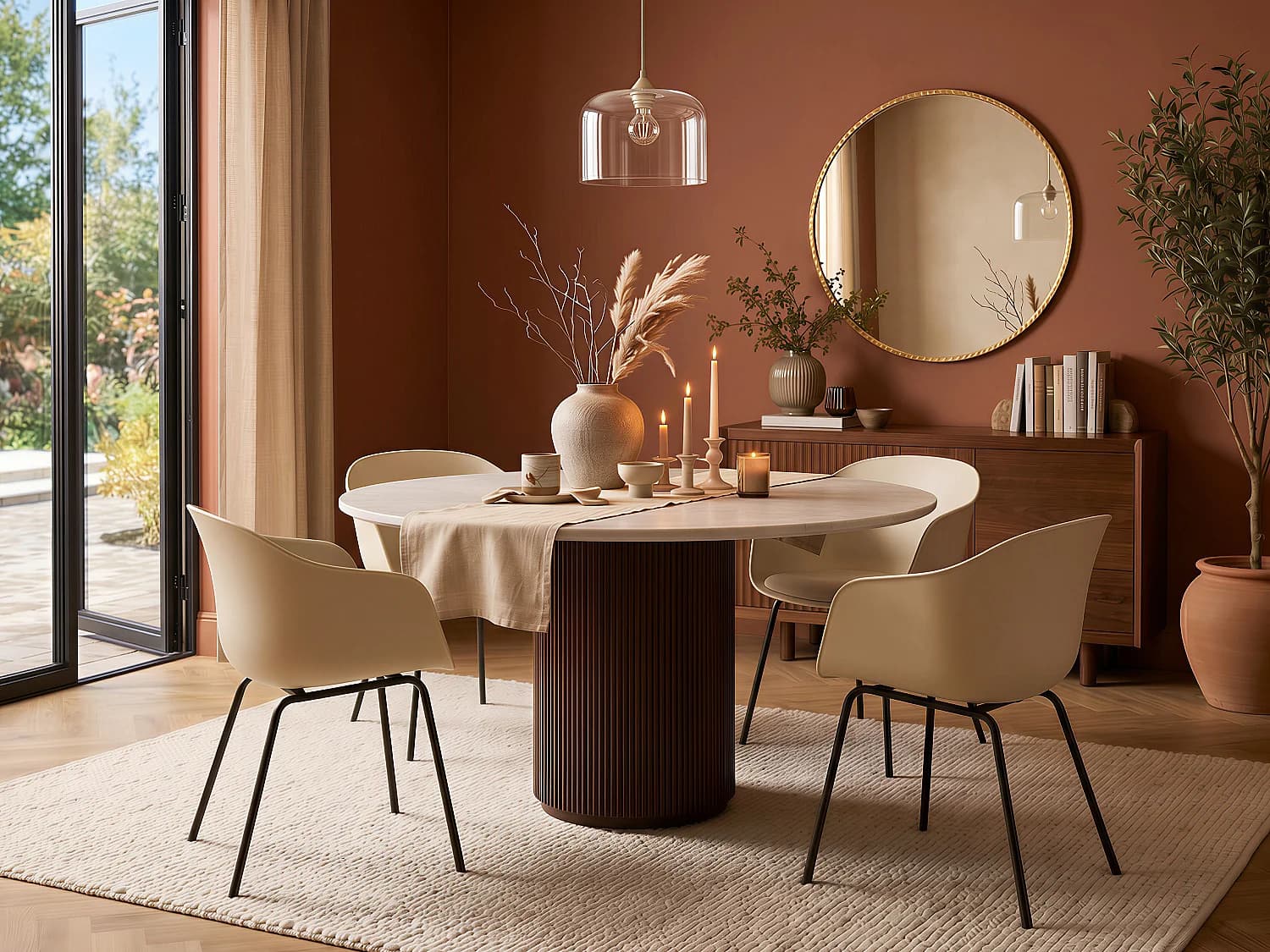 Table à manger 4 personnes en marbre et bois d'acacia - Blanc et naturel foncé - ASKAM