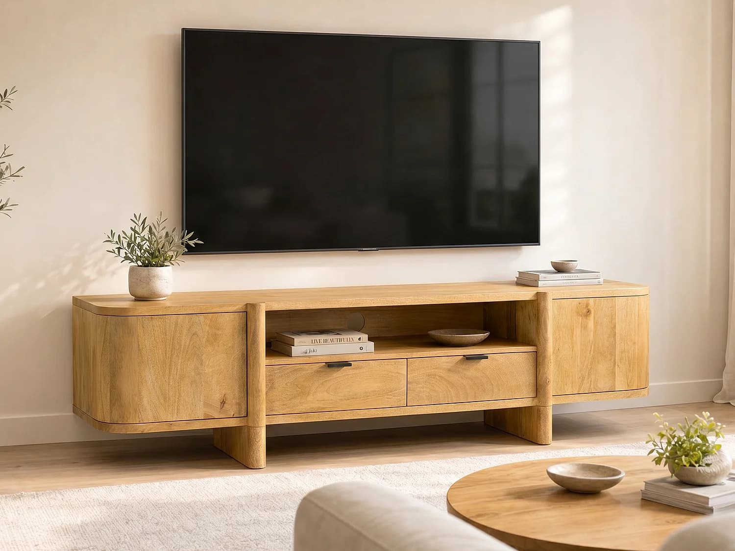 Meuble TV avec 2 portes, 2 tiroirs et 1 niche en bois de manguier - Naturel clair - MELYRAN