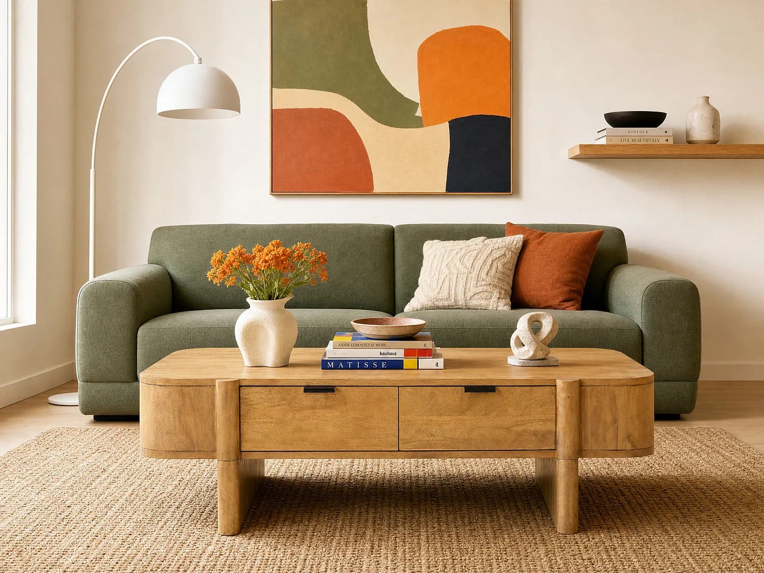 Table basse avec 2 tiroirs en bois de manguier - Naturel clair - MELYRAN