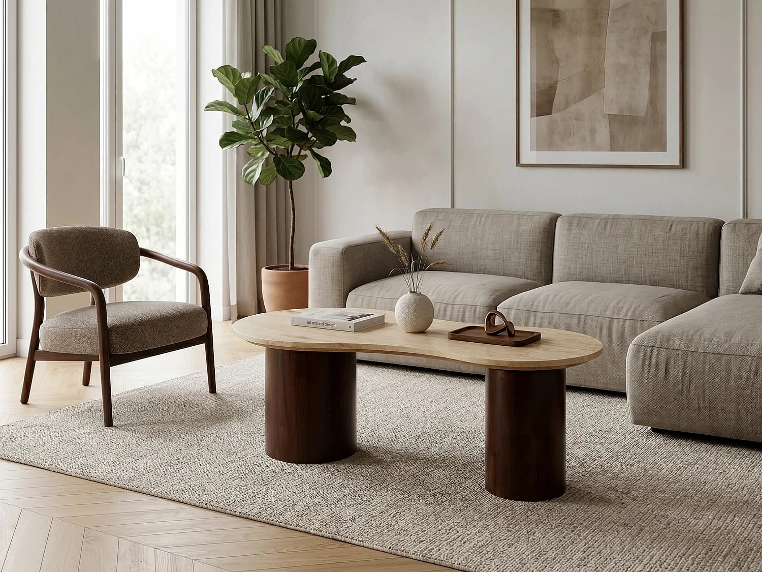 Table basse en travertin et bois d'acacia - Beige et naturel foncé - SURILA