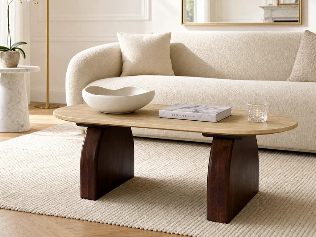Table basse en travertin et bois d'acacia - Beige et naturel foncé - VORELIA