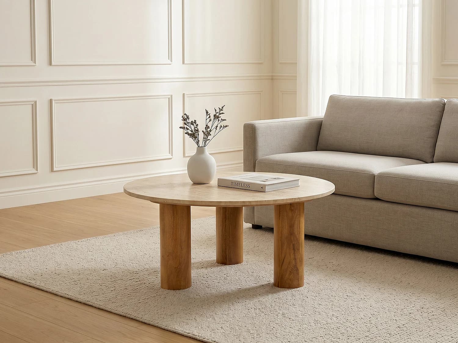 Table basse en travertin et bois de manguier - Beige et naturel - LISAVOK de Maison Céphy