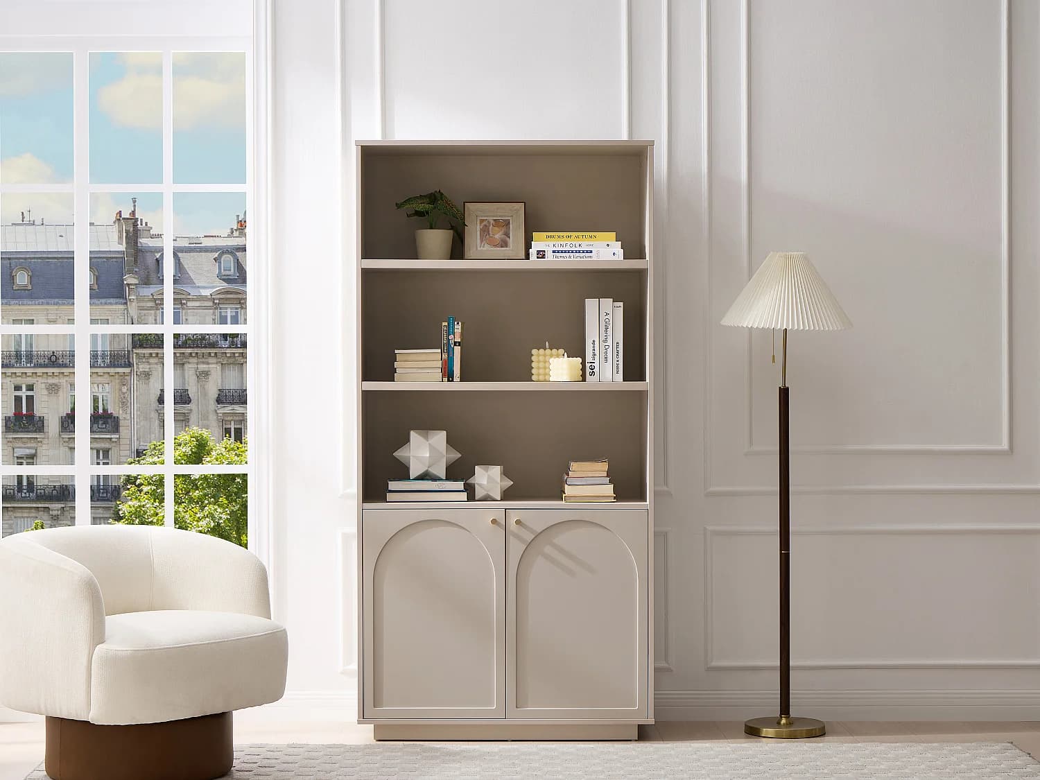 Bibliothèque avec 2 portes et 3 niches - Beige et doré - VALONIRO