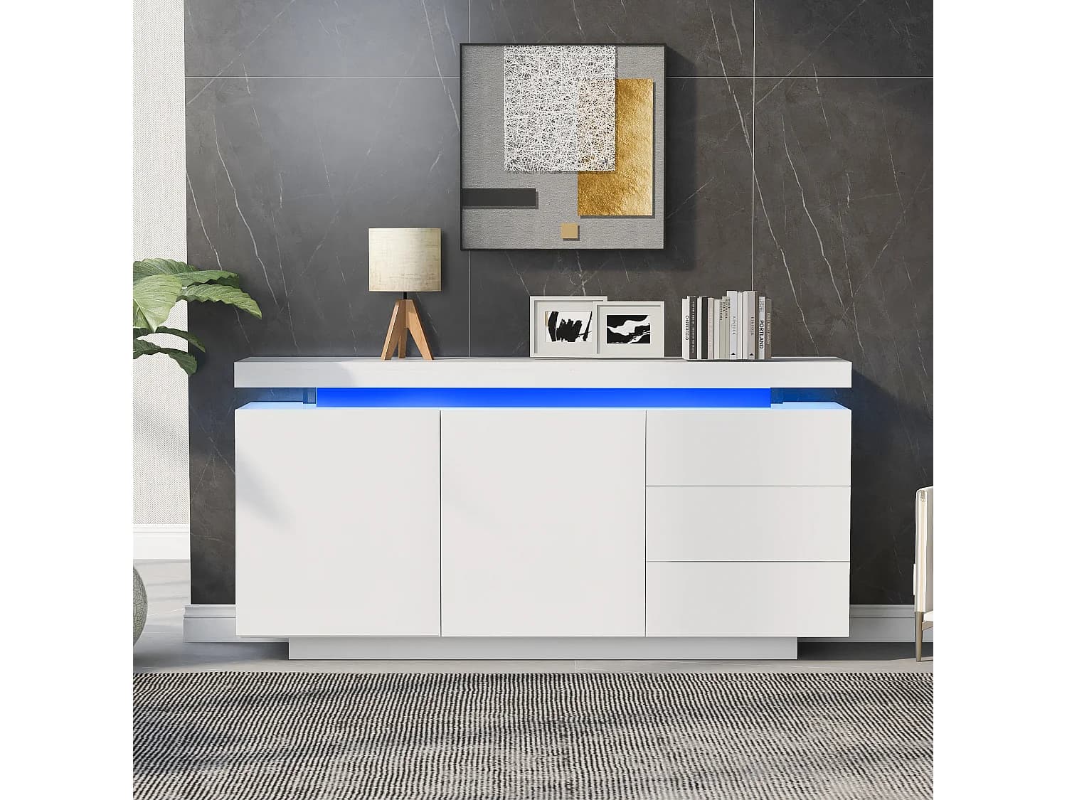 Buffet laqué brillant moderne pour salon - 140 x 38 x 72.5 cm - avec 2 portes + 3 tiroirs + Leds - ggloméré - blanc