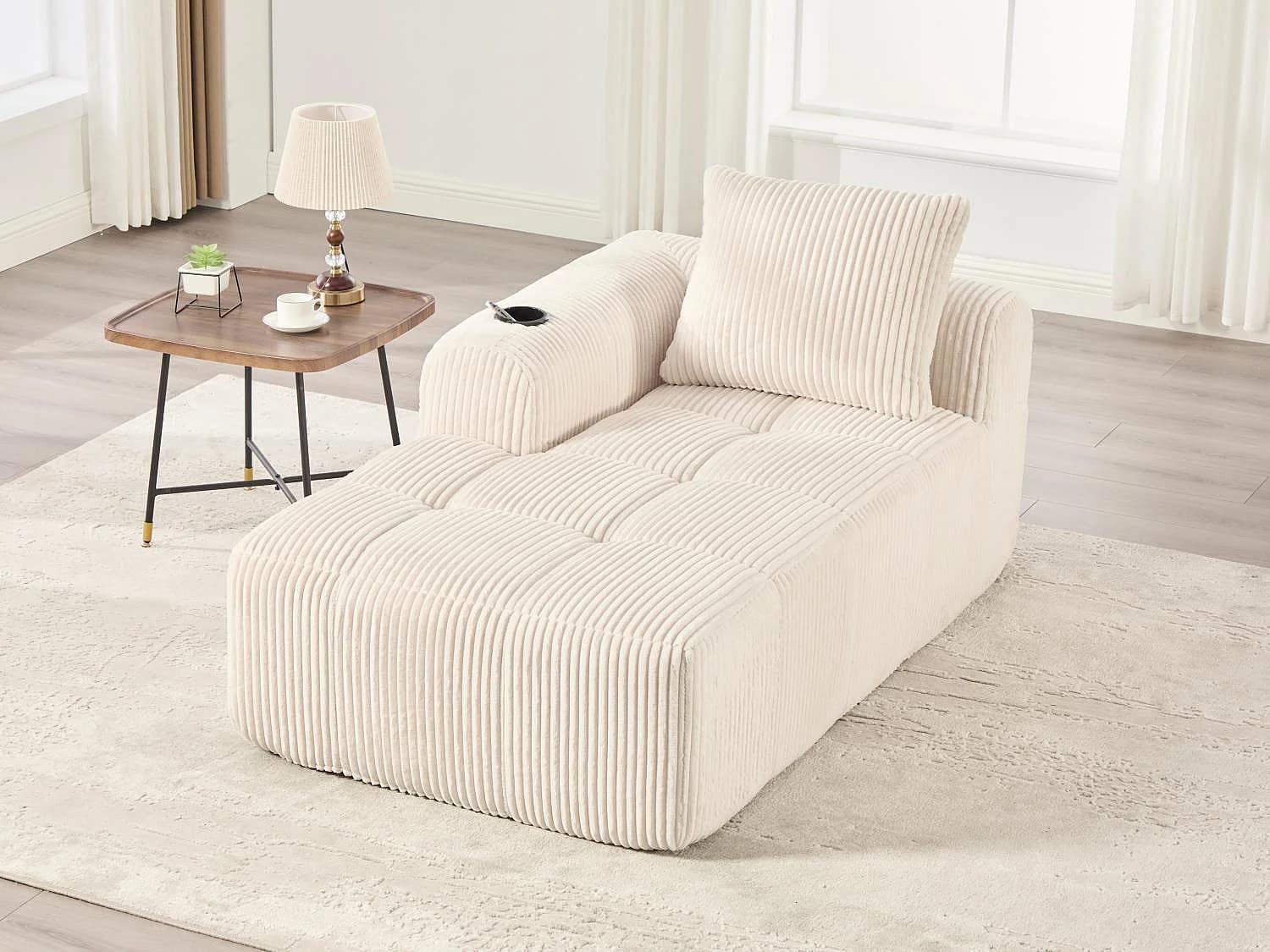 Nube - Méridienne en Velours Côtelé - Mousse Haute Densité, Rangement & Porte-Gobelets – Idéale pour Salon, Studio et Petits Espaces