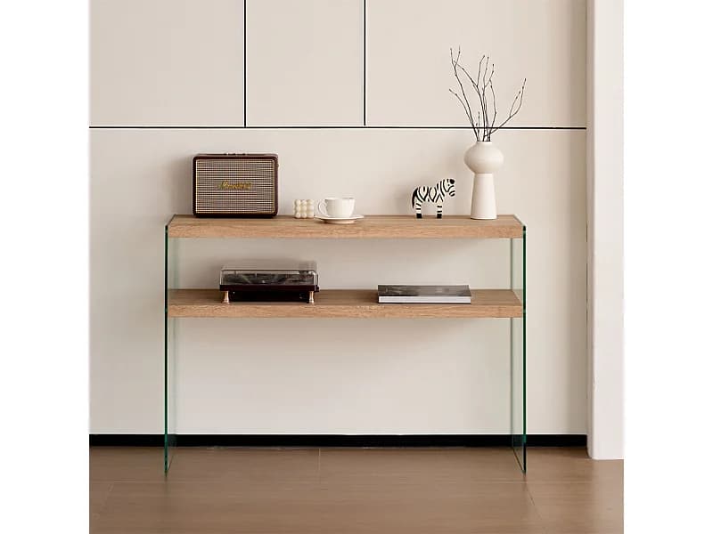 Console L. 110 cm en verre trempé et étagères effet chêne clair - ICE