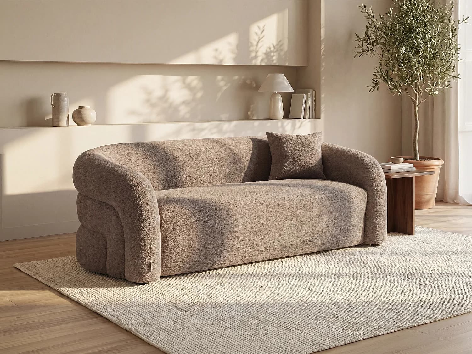 Canapé 3 places en tissu bouclette taupe LAPIOTA de Maison Céphy