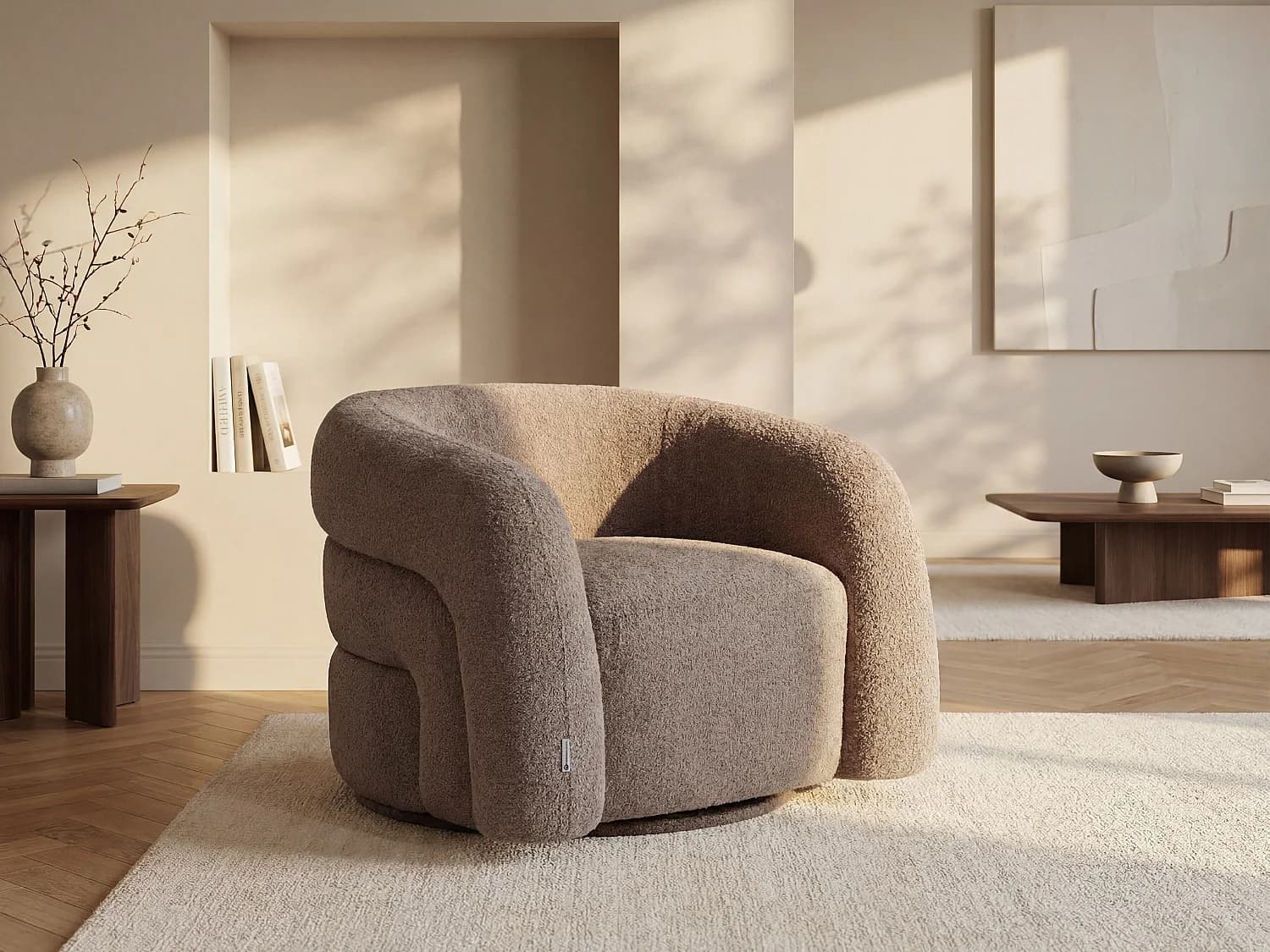 Fauteuil pivotant en tissu bouclette taupe LAPIOTA de Maison Céphy