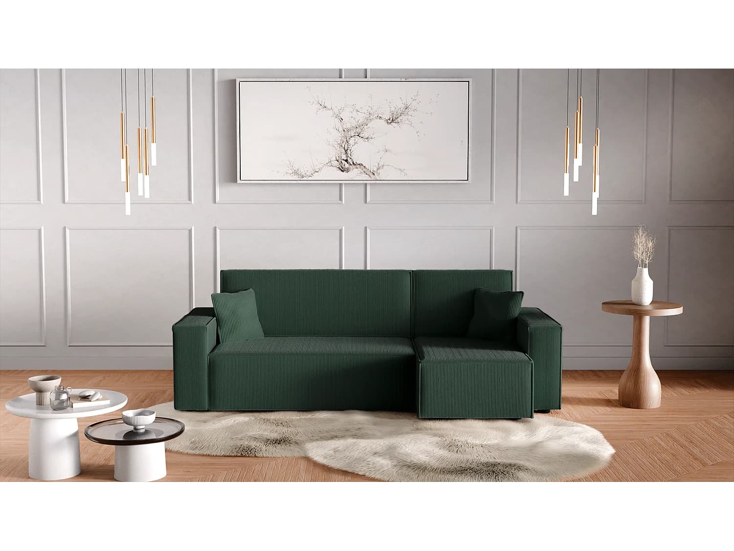 Canapé d'Angle réversible convertible avec fonction de couchage Karl L coffre universel en velours côtelé Vert bouteille du fabricant - L244 x P145 x H82cm Vinotti
