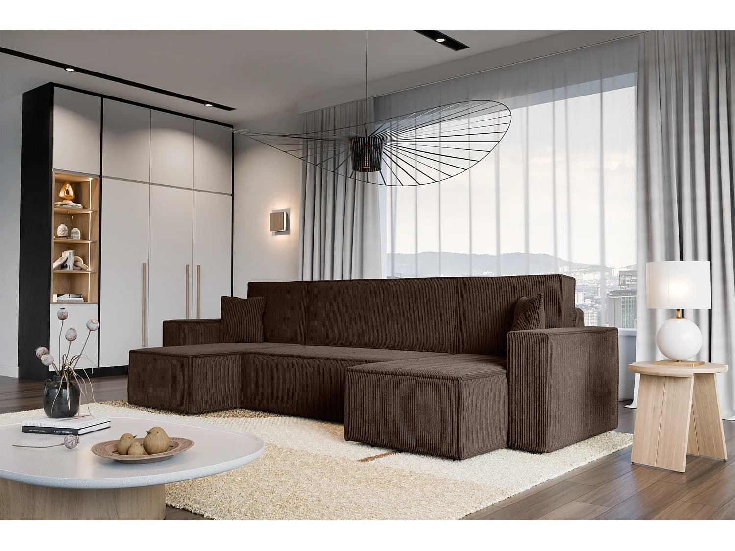 Canapé d'Angle réversible convertible avec fonction de couchage Karl U coffre universel en velours côtelé brun chocolat du fabricant - VINOTTI