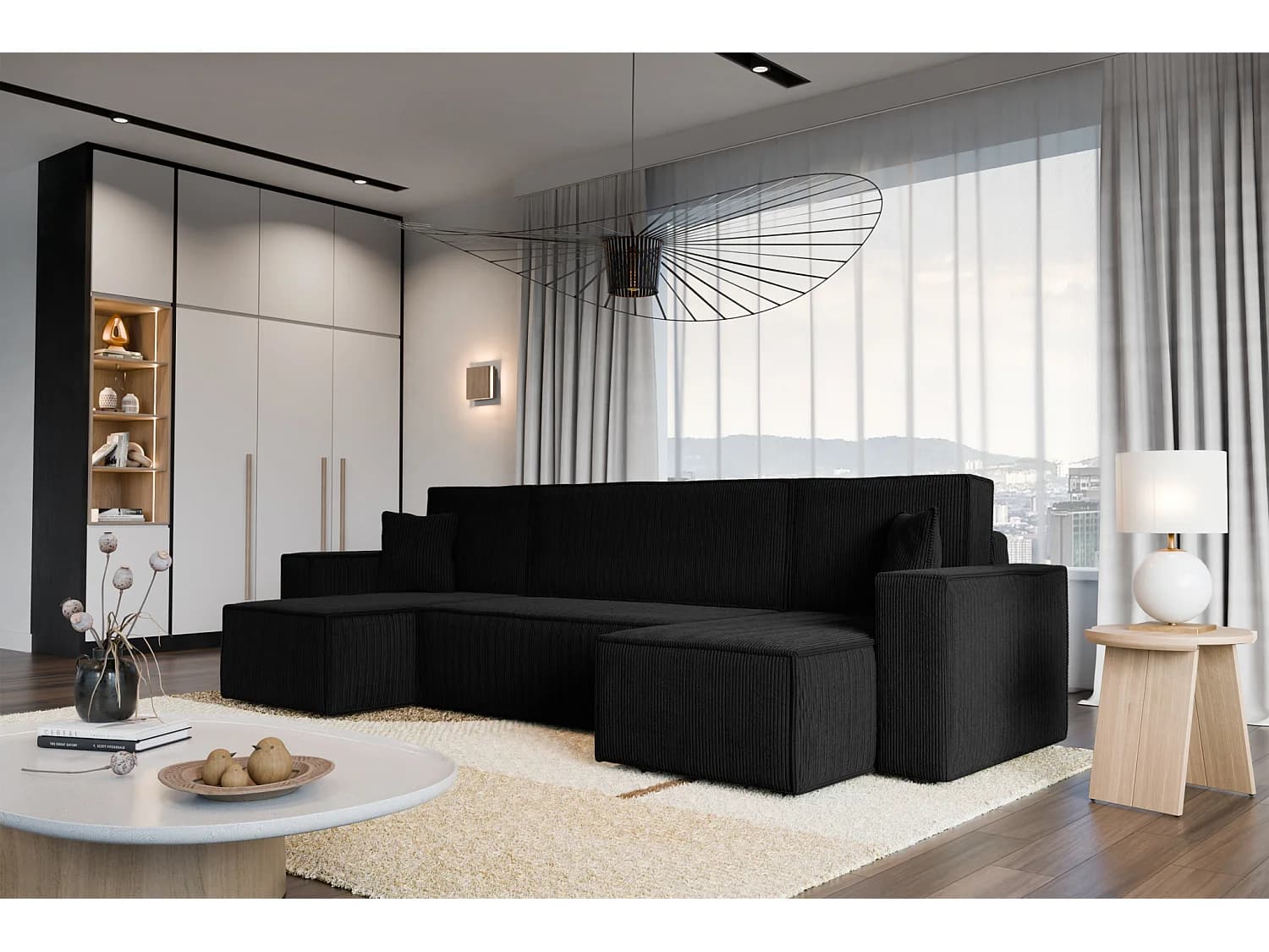 Canapé d'Angle réversible convertible avec fonction de couchage Karl U coffre universel en velours côtelé noir du fabricant - VINOTTI