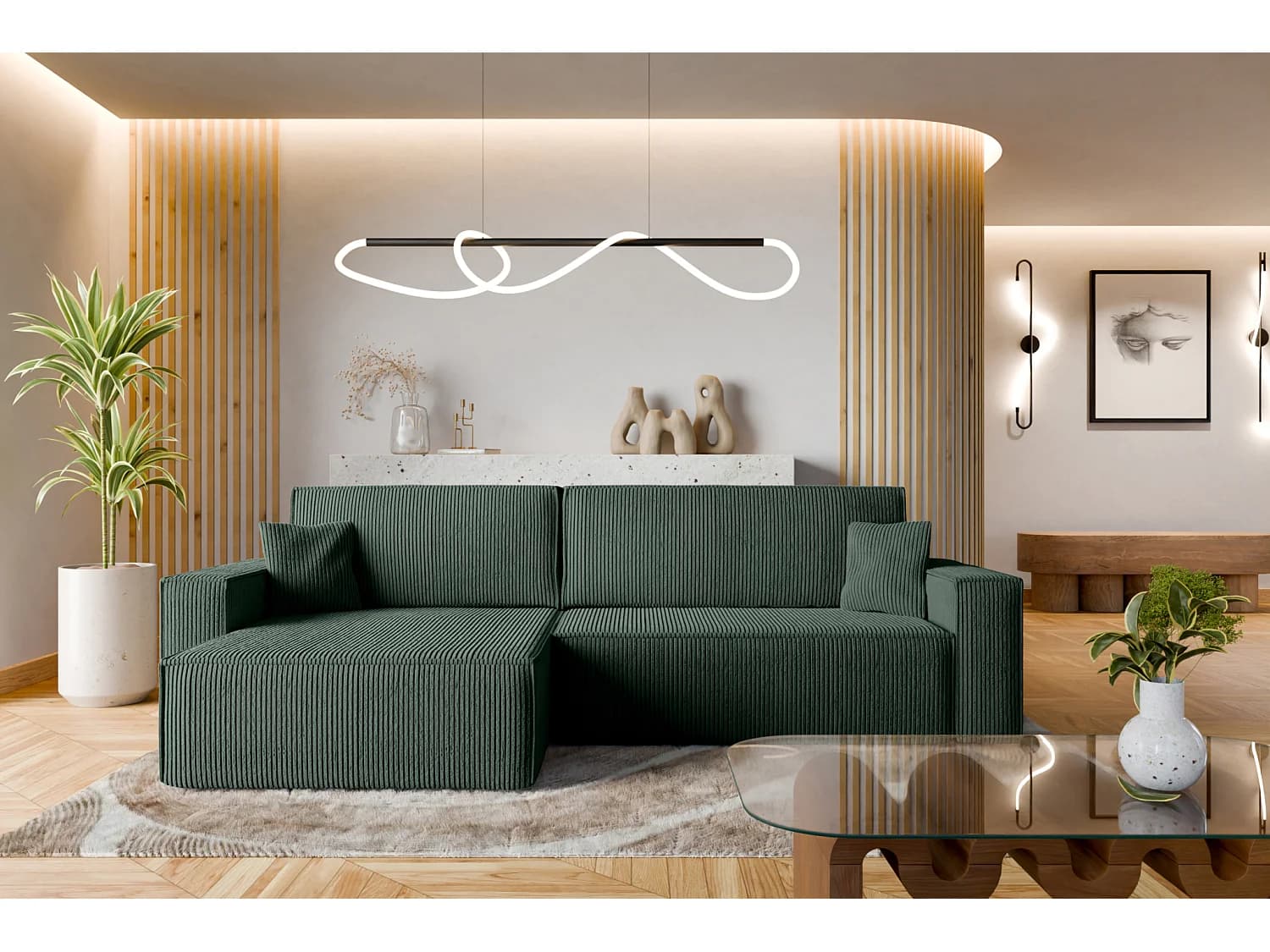 Canapé d'Angle réversible convertible avec fonction de couchage Karl XL coffre universel en velours côtelé vert bouteille du fabricant VINOTTI