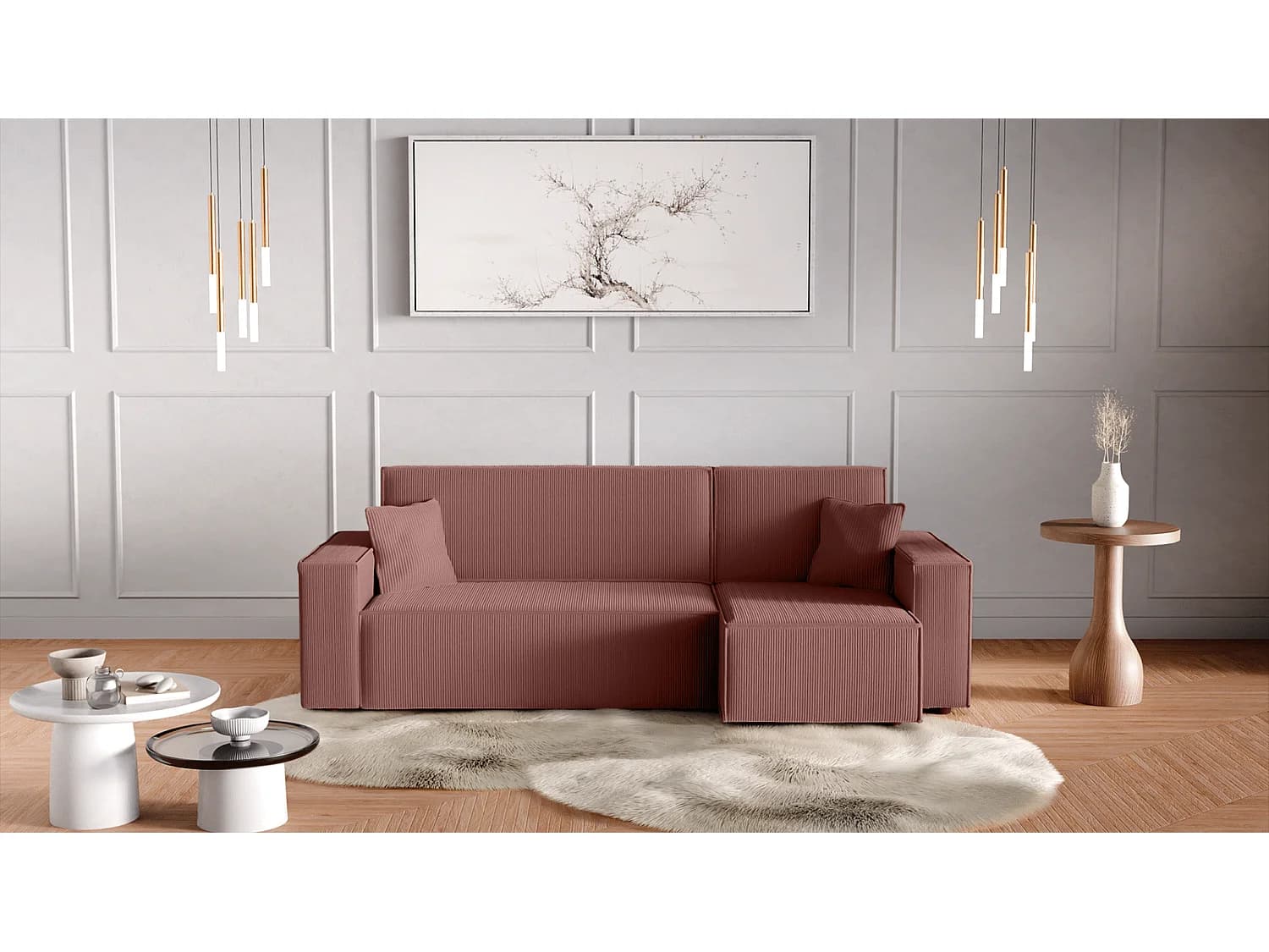 Canapé d'Angle réversible convertible avec fonction de couchage Karl L coffre universel en velours côtelé cuivre du fabricant - L244 x P145 x H82cm Vinotti
