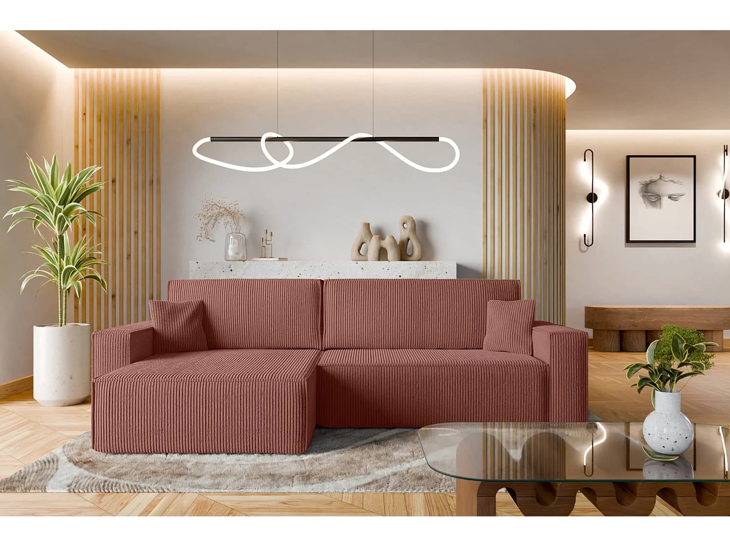 Canapé d'Angle réversible convertible avec fonction de couchage Karl XL coffre universel en velours côtelé cuivre du fabricant - VINOTTI