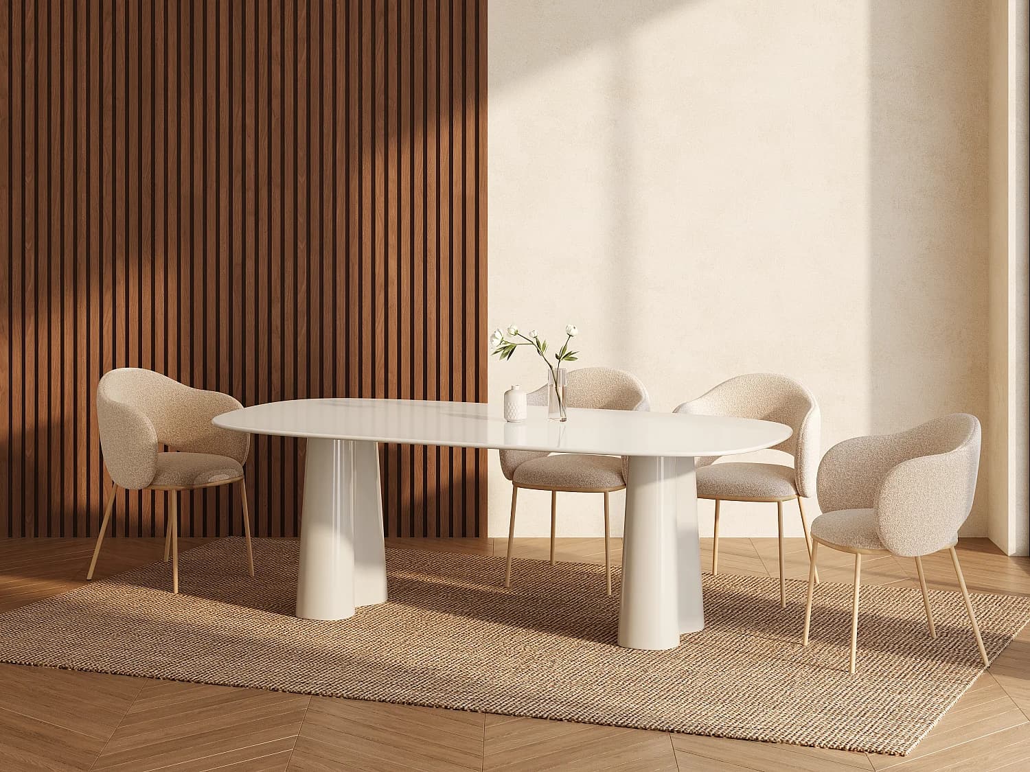 Table à manger 8 personnes en MDF et verre trempé - Beige laqué - AVALINA