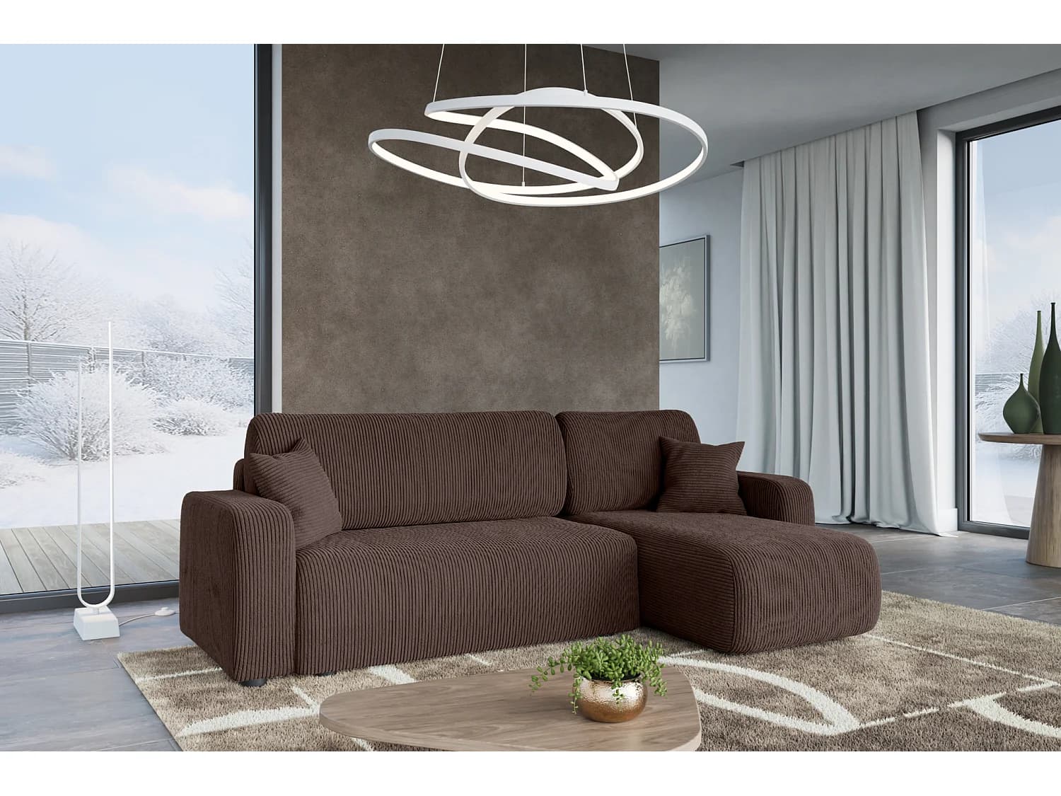 Canapé d'Angle réversible convertible avec fonction de couchage Piano L coffre universel en velours côtelé brun chocolat du fabricant - VINOTTI