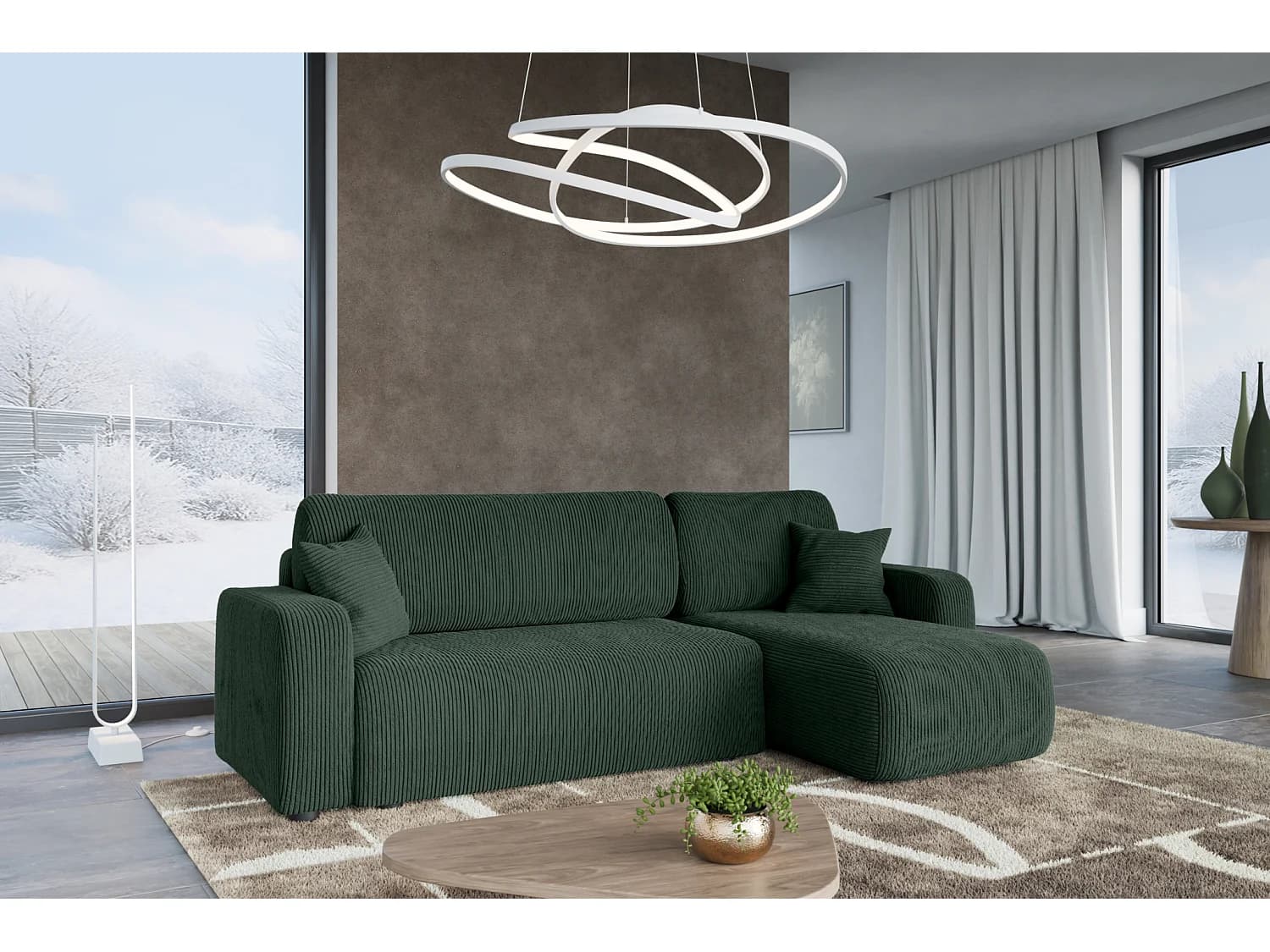 Canapé d'Angle réversible convertible avec fonction de couchage Piano L coffre universel en velours côtelé vert bouteille du fabricant - VINOTTI