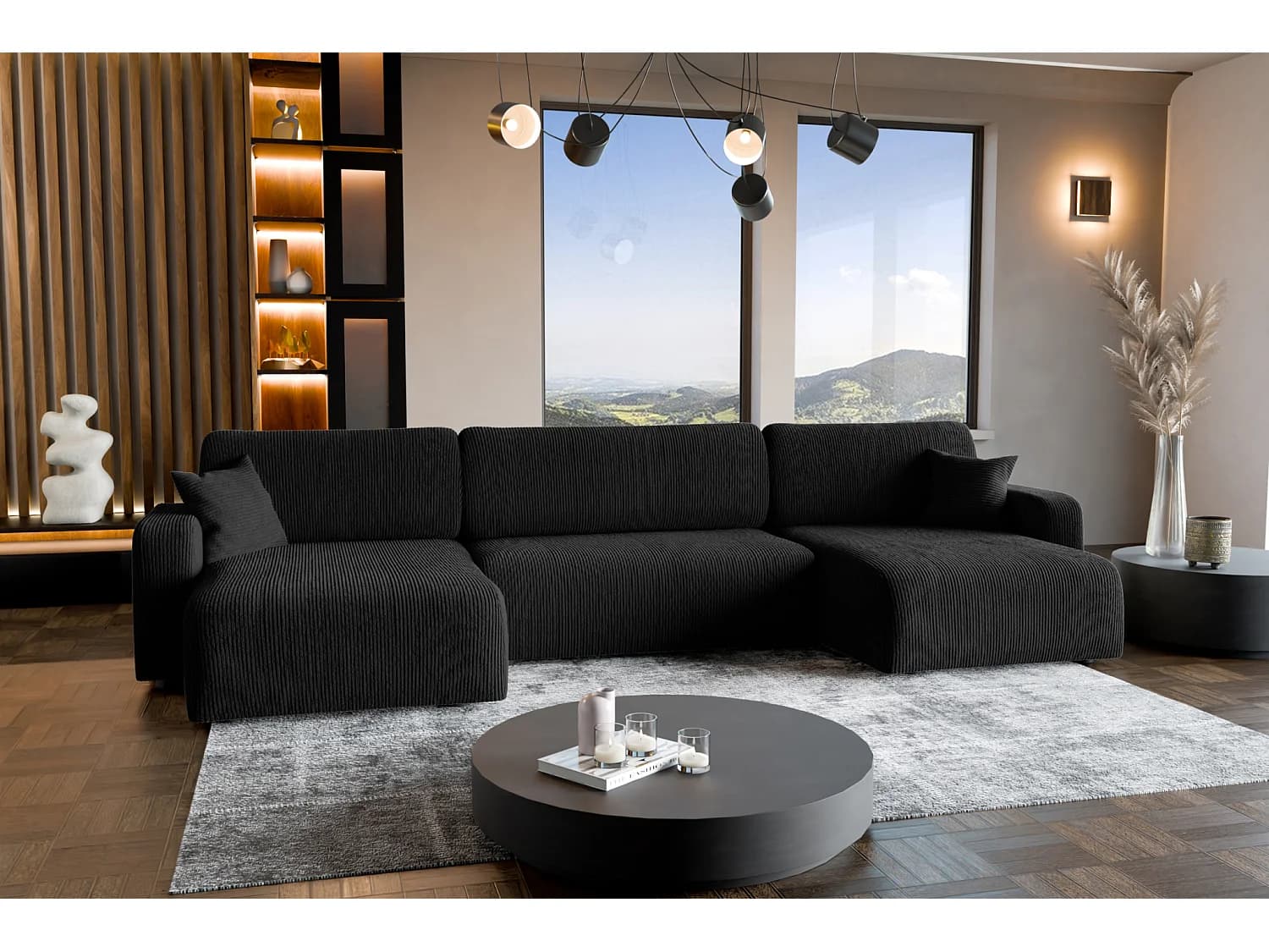 Canapé d'Angle réversible convertible avec fonction de couchage Piano U coffre universel en velours côtelé noir du fabricant - VINOTTI