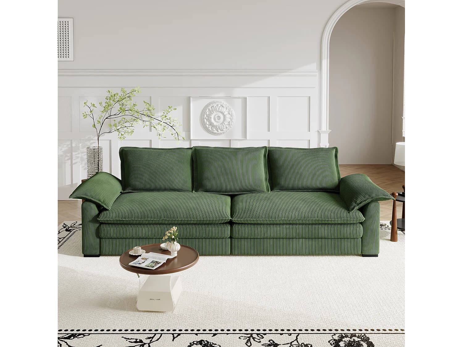 Canapé 3 places en velour côtelé, avec 2 oreillers d'accoudoir, amovible et lavable, 265x86x88cm, Vert