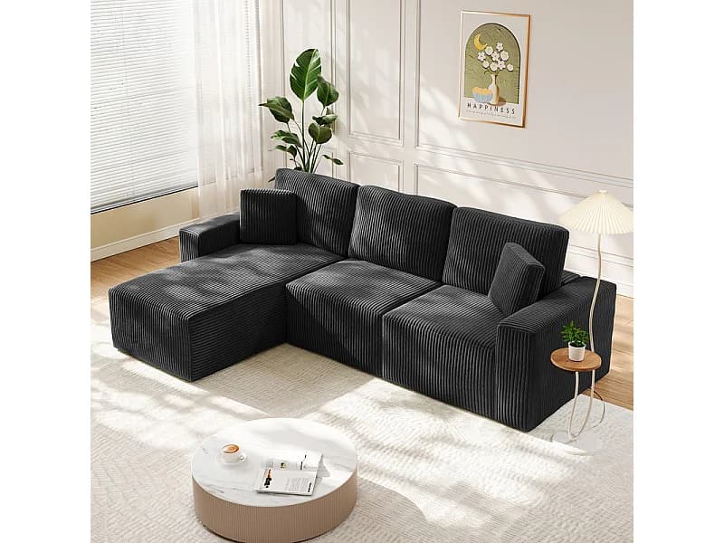 Canapé d'angle gauche modulable 3 places en velour côtelé, avec 2 oreillers, méridienne 70x125cm, Noir