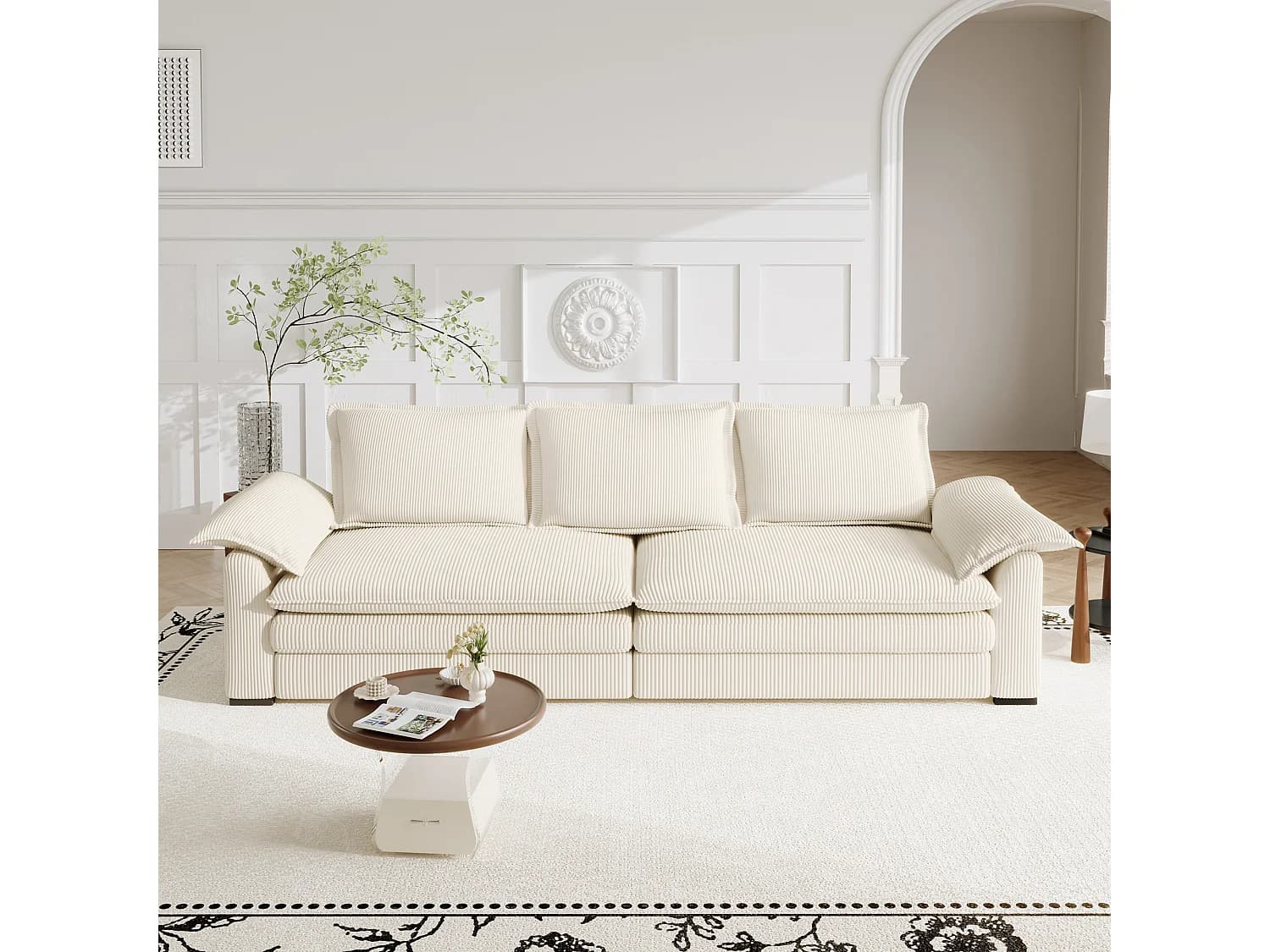 Canapé 3 places en velour côtelé, avec 2 oreillers d'accoudoir, amovible et lavable, 265x86x88cm, Beige