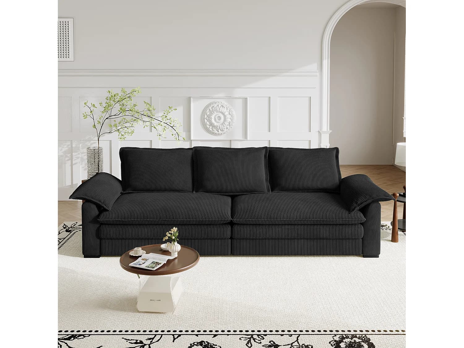Canapé 3 places en velour côtelé, avec 2 oreillers d'accoudoir, amovible et lavable, 265x86x88cm, Noir