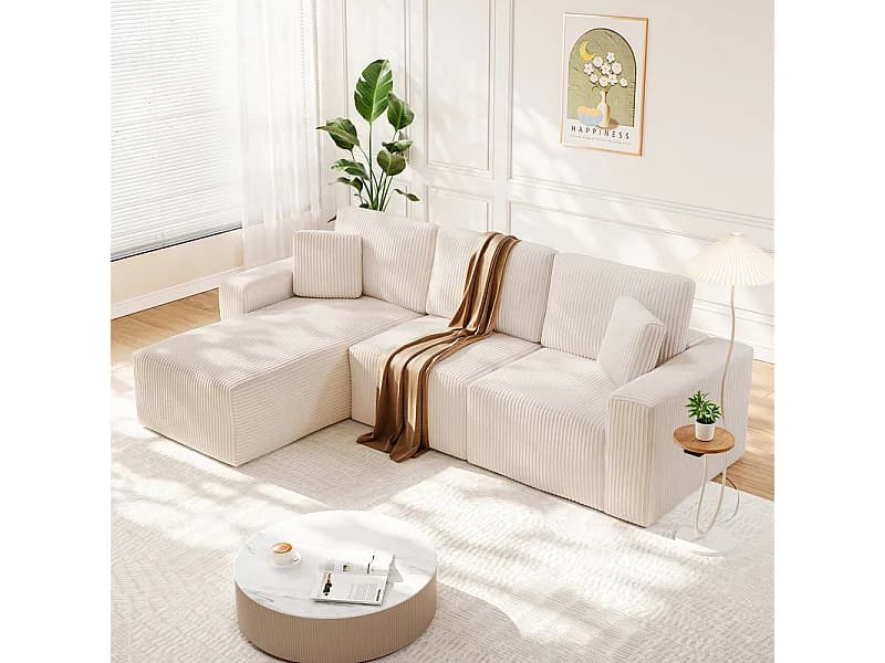 Canapé d'angle gauche modulable 3 places en velour côtelé, avec 2 oreillers, méridienne 70x125cm, Beige