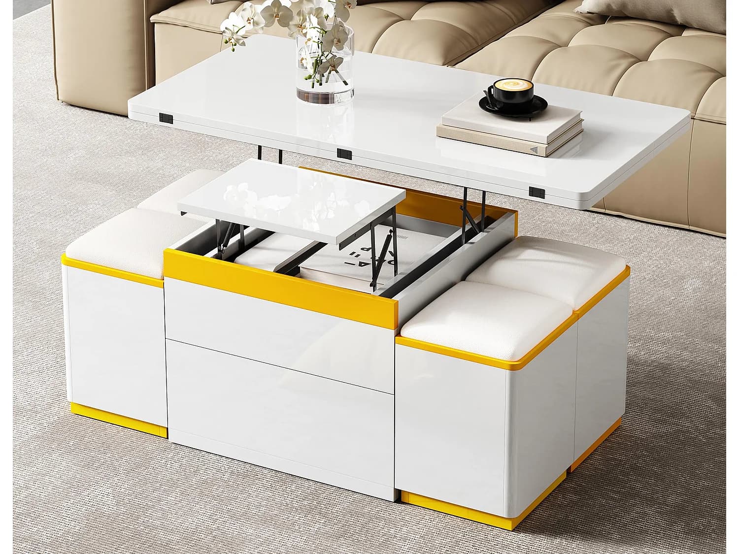 Table basse relevable moderne 100x50x43cm - avec 4 tabourets de rangement - 1 tiroir - Blanc
