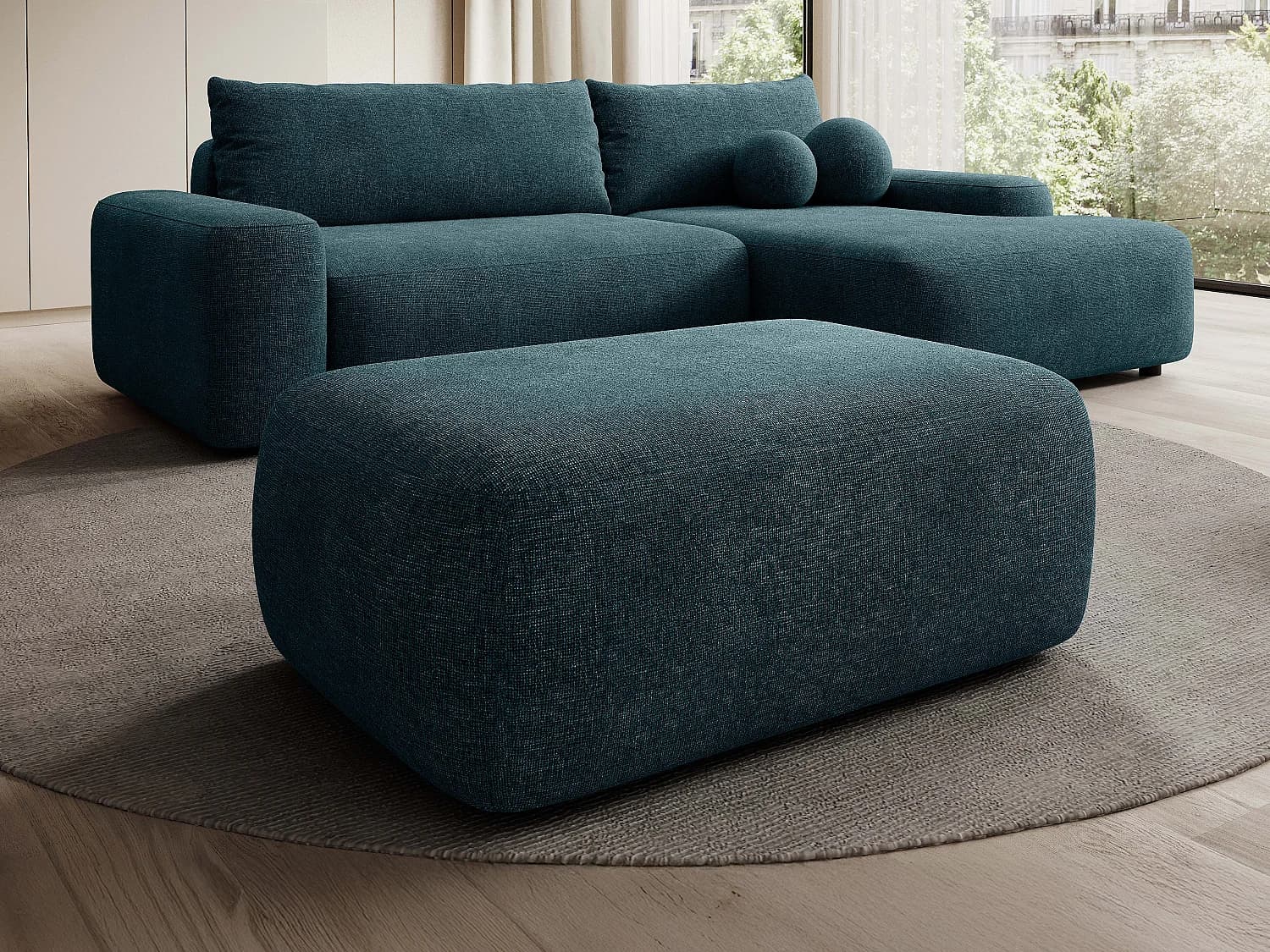 Pouf en tissu texturé bleu DAVISO
