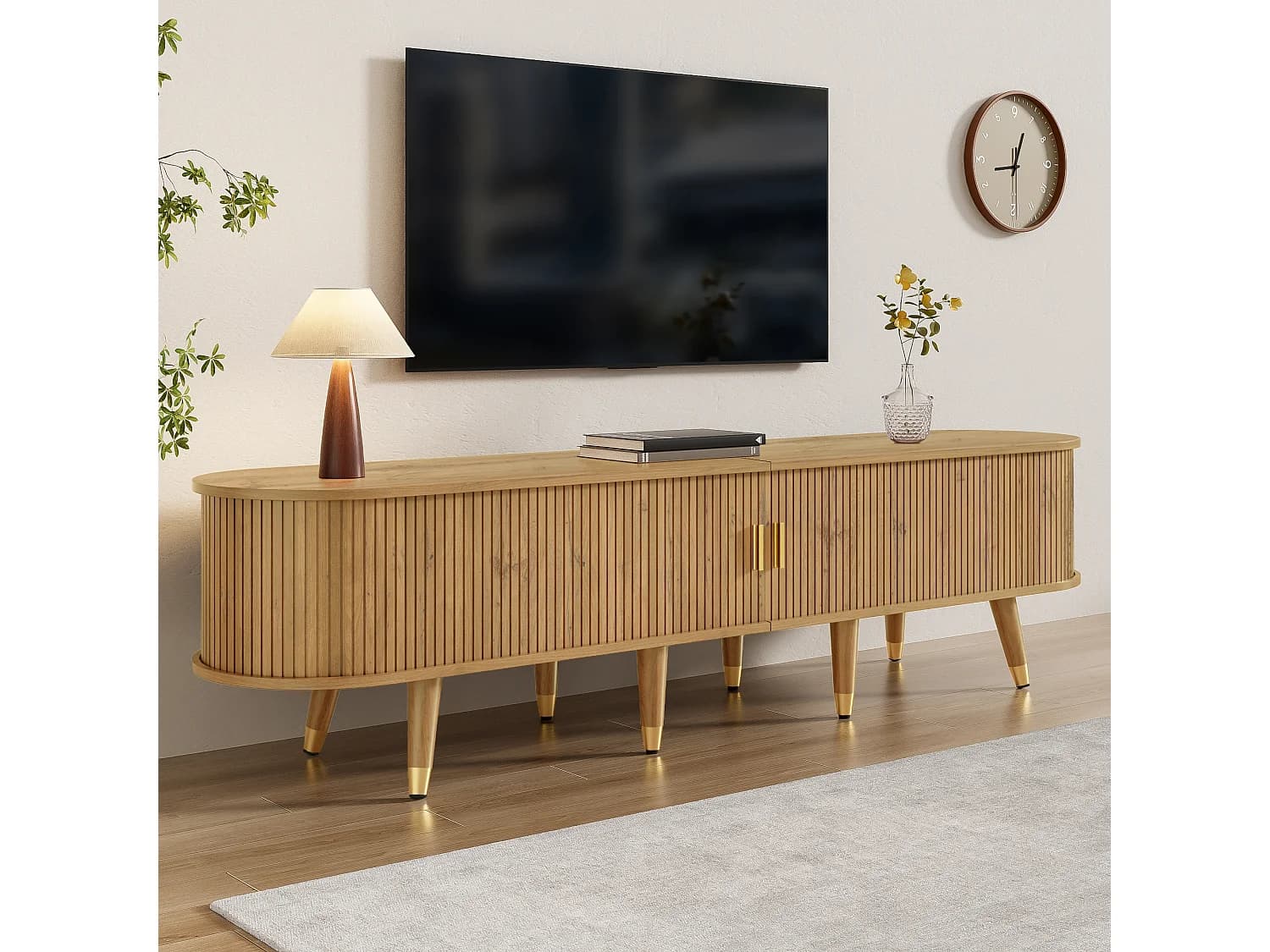 Meuble TV à portes coulissantes + 2 tiroirs - 175 x 38 x 45 cm - design unique - MDF - naturel foncé